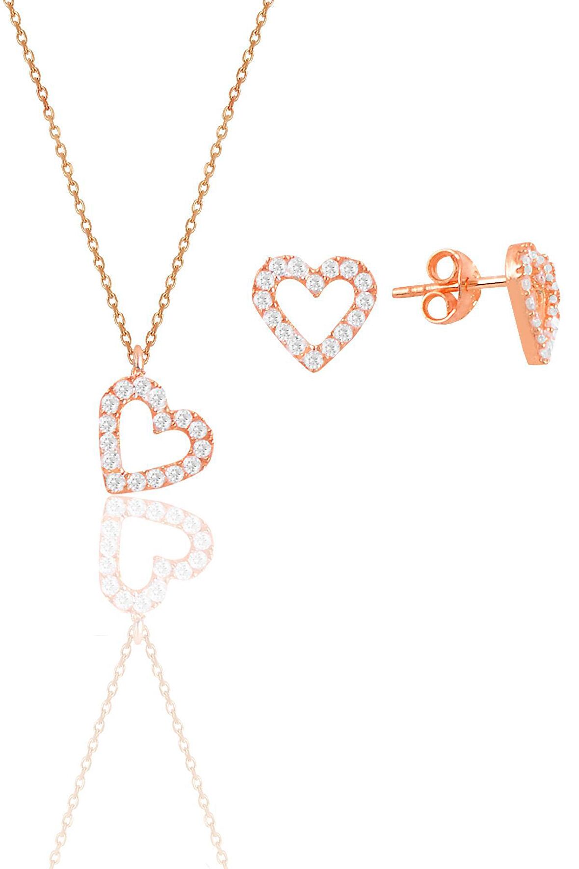 Gümüş rose zirkon taşlı kalp kolye ve küpe ikili set