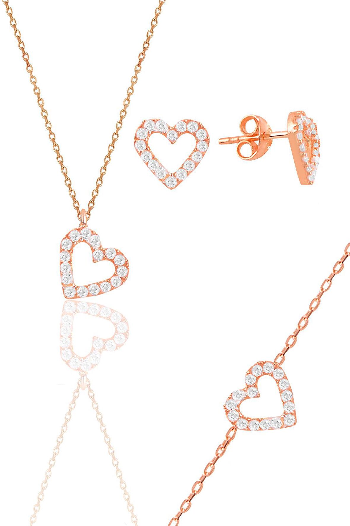 Gümüş rose zirkon taşlı kalp kolye,bileklik ve küpe üçlü set