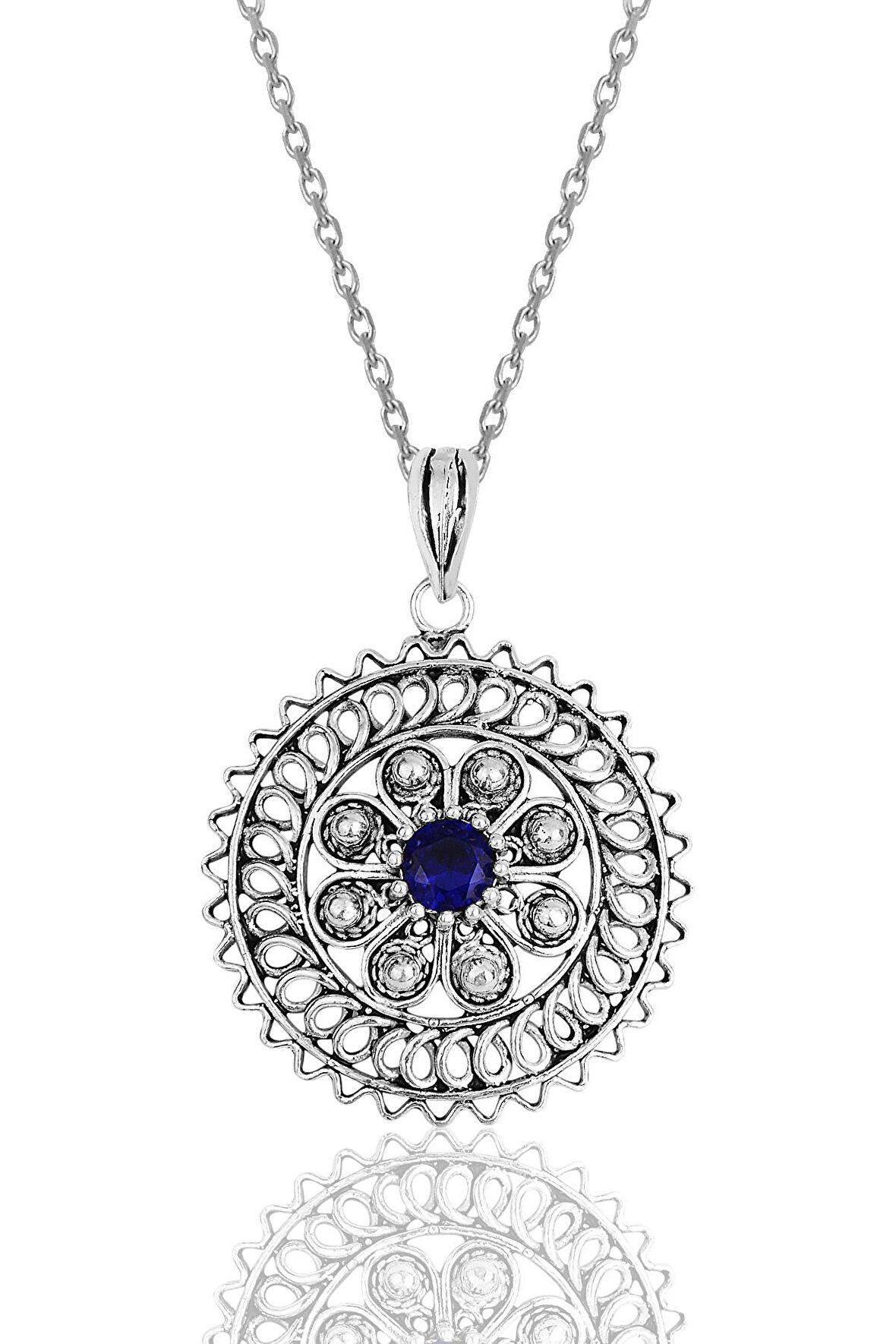 Gümüş safir taşlı oksitli telkari işlemeli kolye