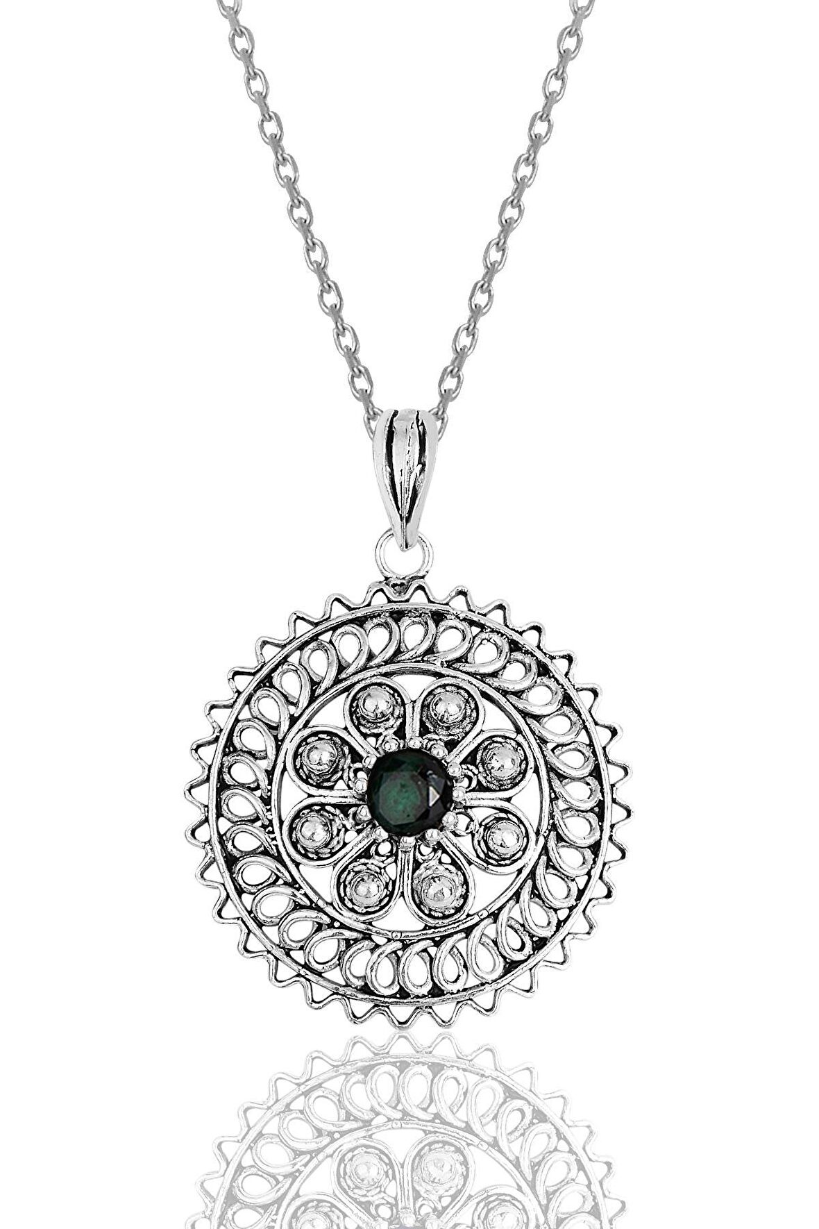 Gümüş yeşil taşlı oksitli telkari işlemeli kolye