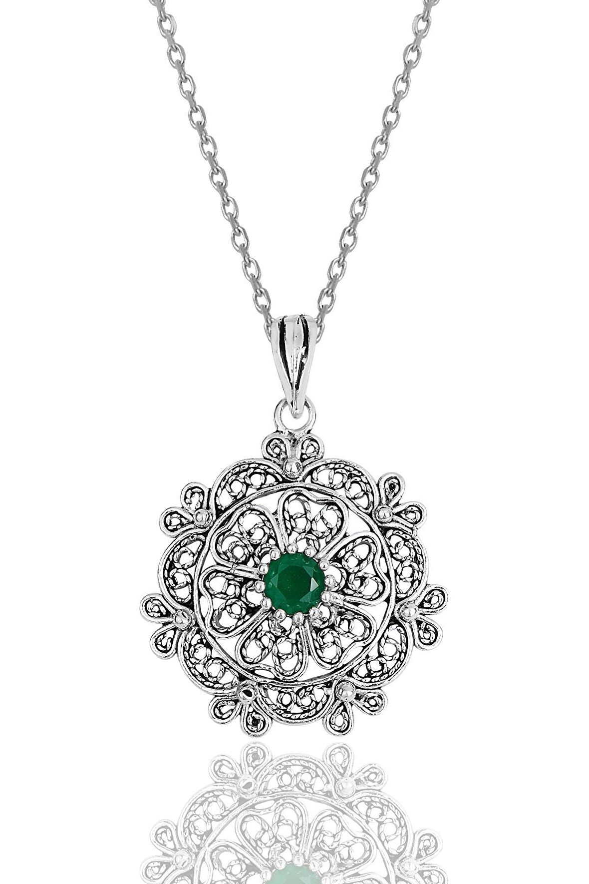 Gümüş kök zümrüt taşlı oksitli  telkari işlemeli kolye