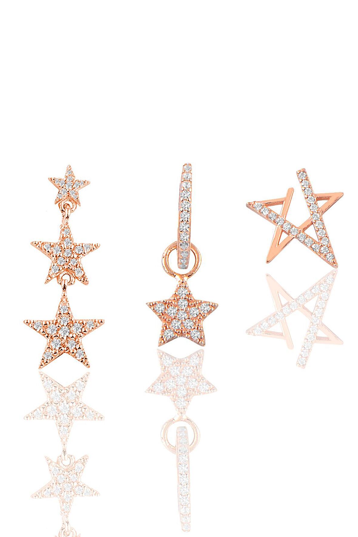 Gümüş rose zirkon taşlı yıldızlar kombin küpe