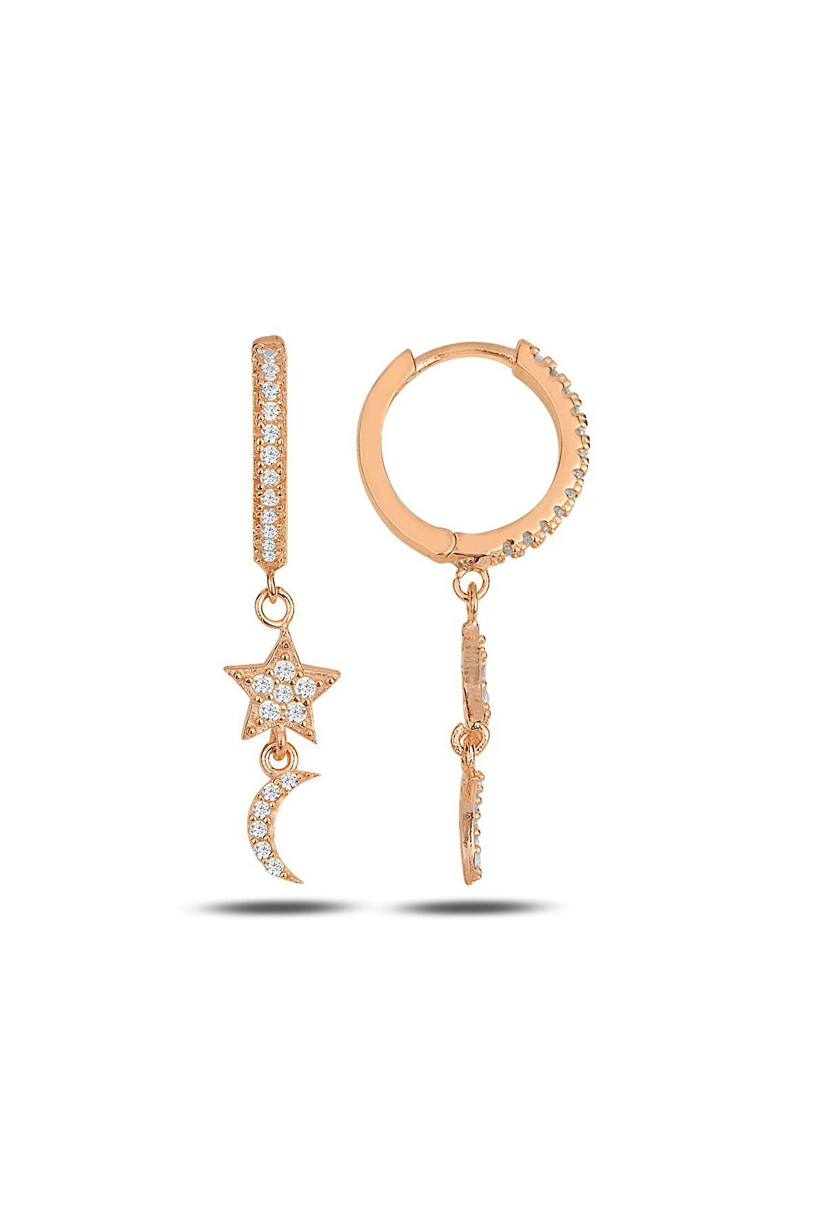 Gümüş rose zirkon taşlı ay yıldız halka küpe