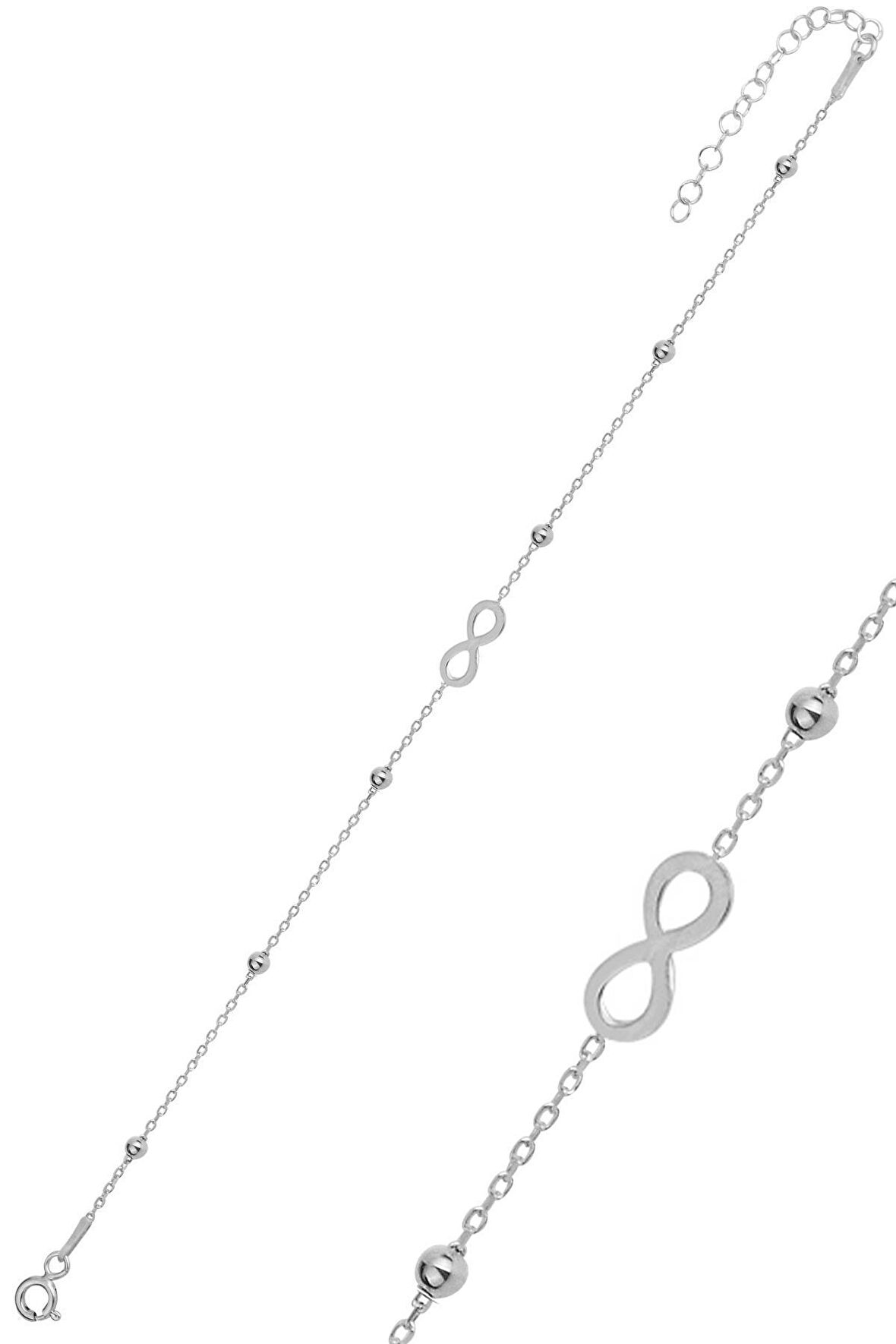Gümüş rodyumlu gümüş top top zincirli sonsuzluk bileklik