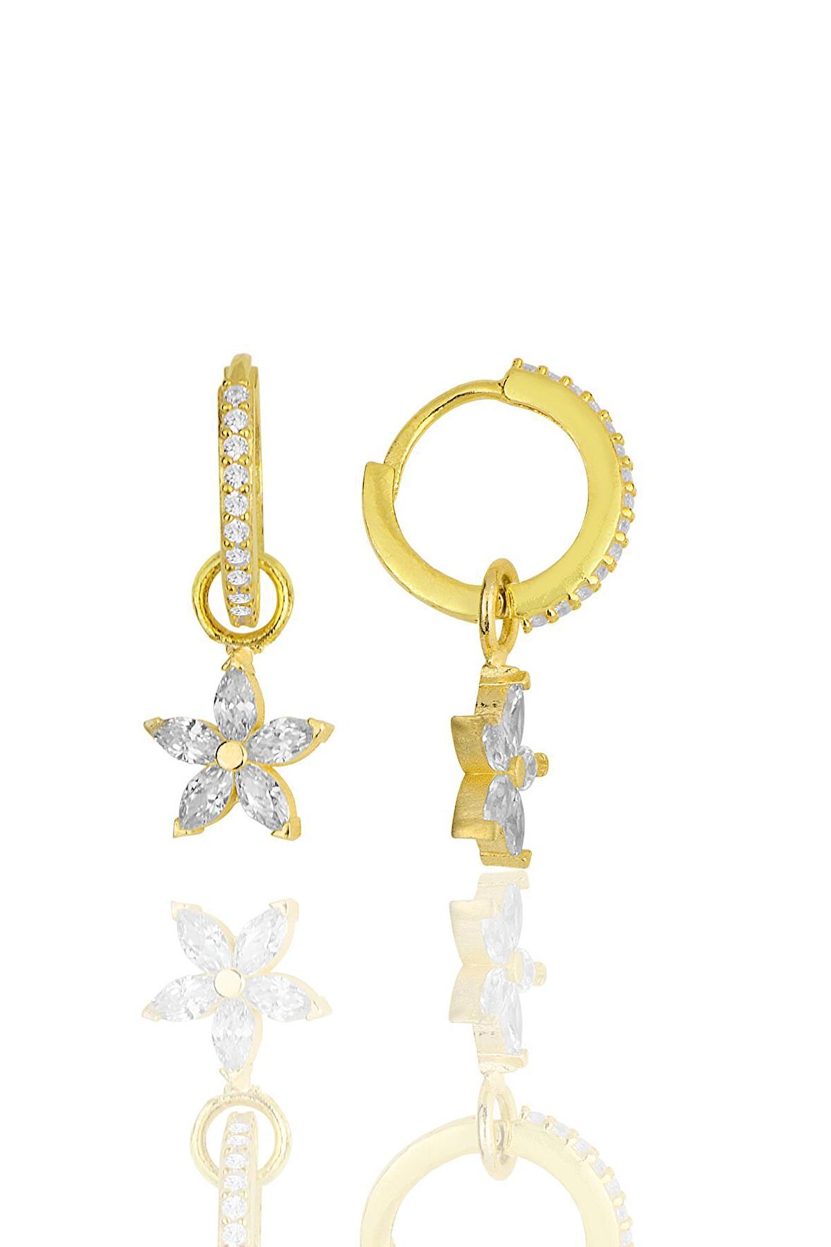 Gümüş altın yaldızlı zirkon taşlı lotus çiçeği küpe