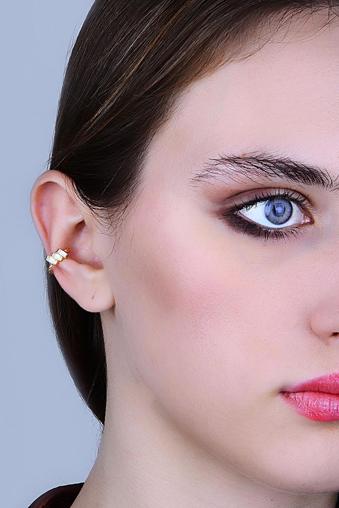 Gümüş altın yaldızlı baget kesim zirkon 3 taşlı sıkıştırmalı kıkırdak küpe ear cuff