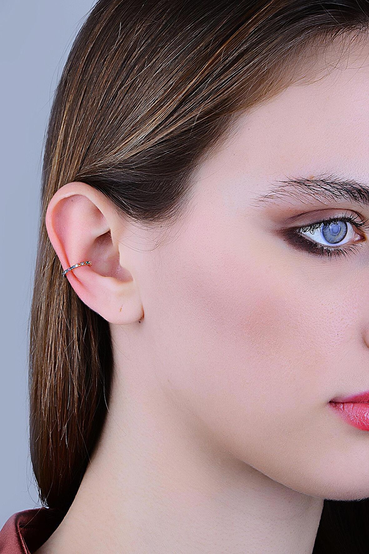 Gümüş rose renkli taşlı sıkıştırmalı kıkırdak küpe ear cuff