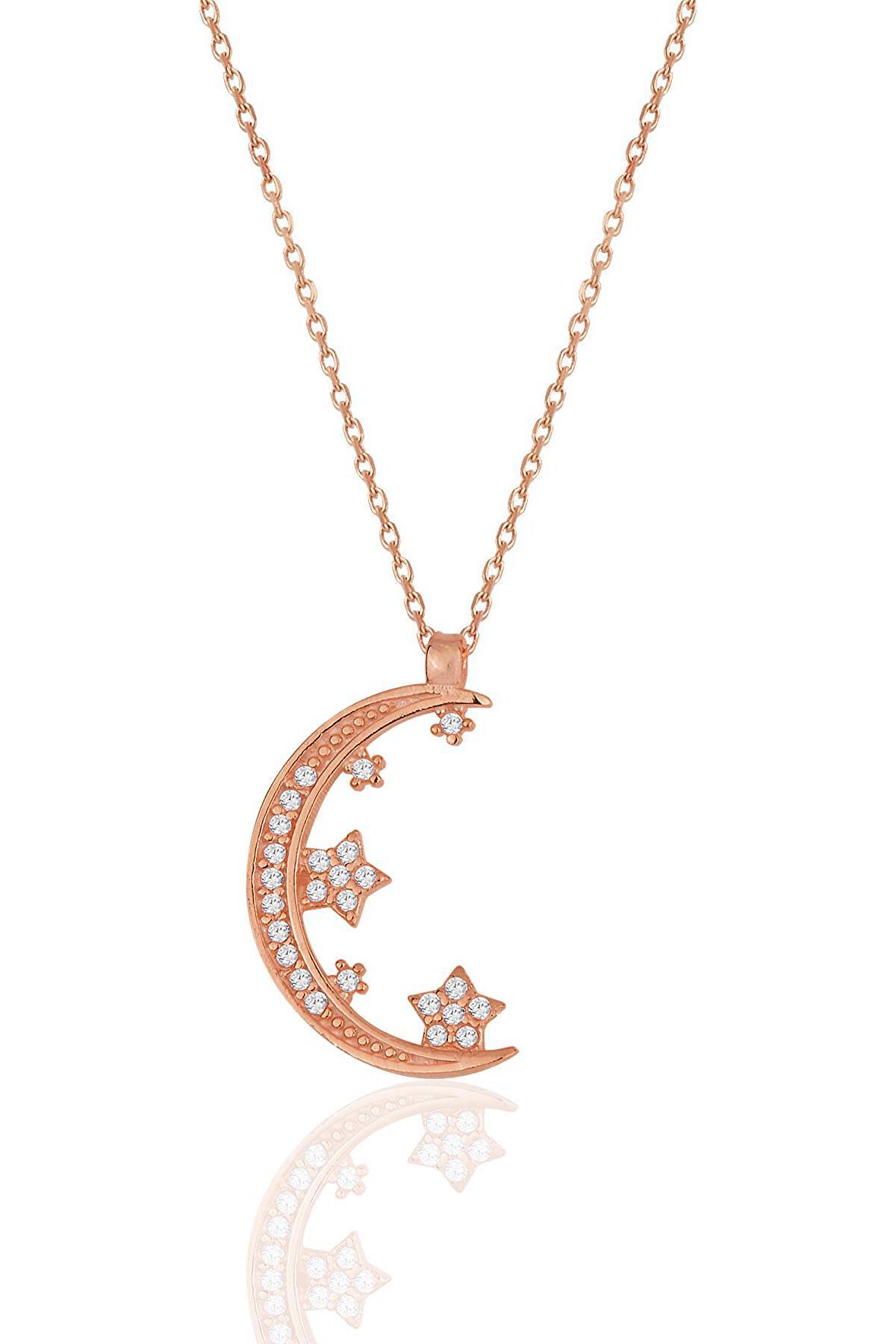 Gümüş rose zirkon taşlı yeni ay ve yıldızlar kolye