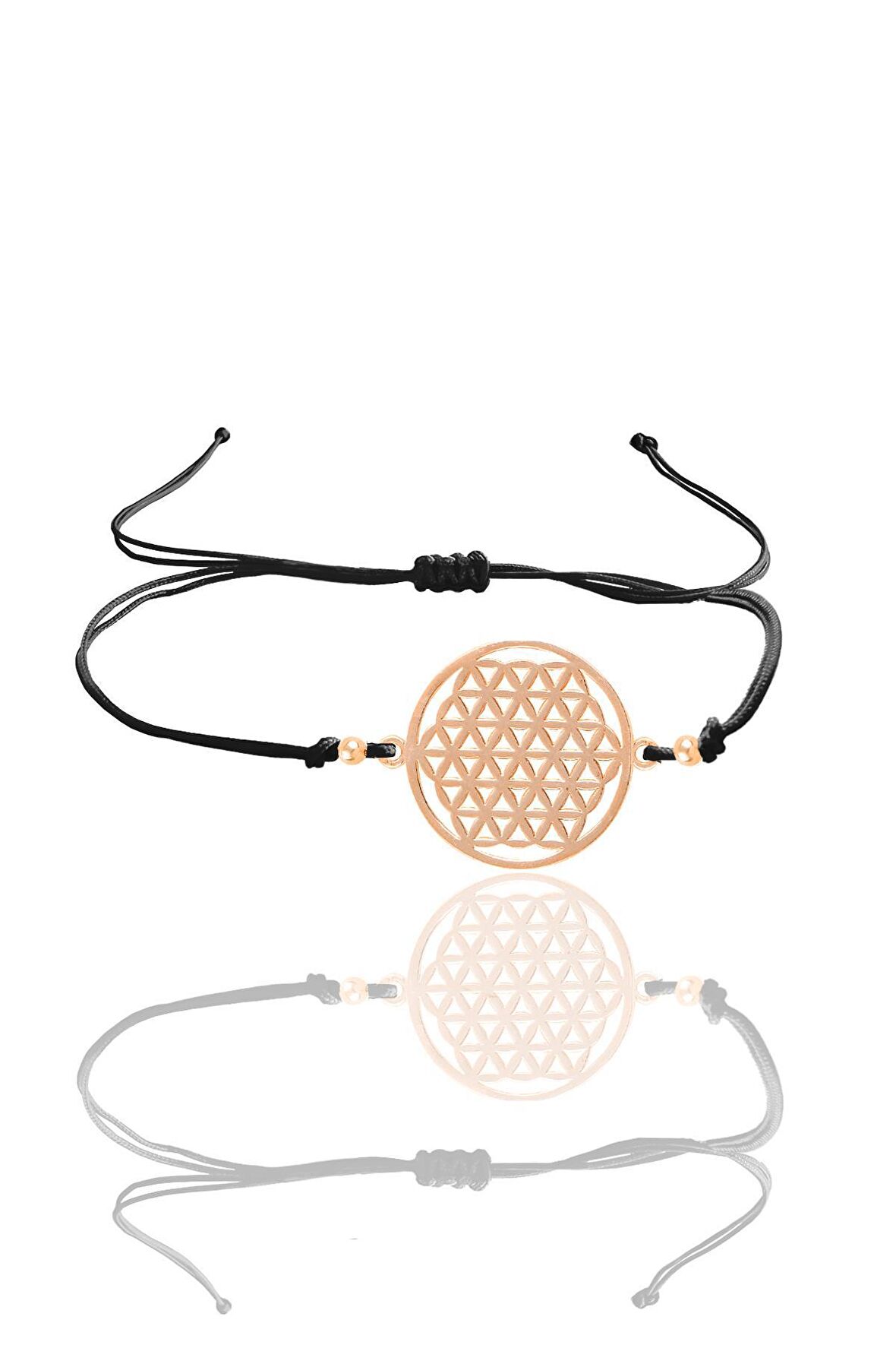 Gümüş rose yaşam çiçeği siyah ipli bileklik