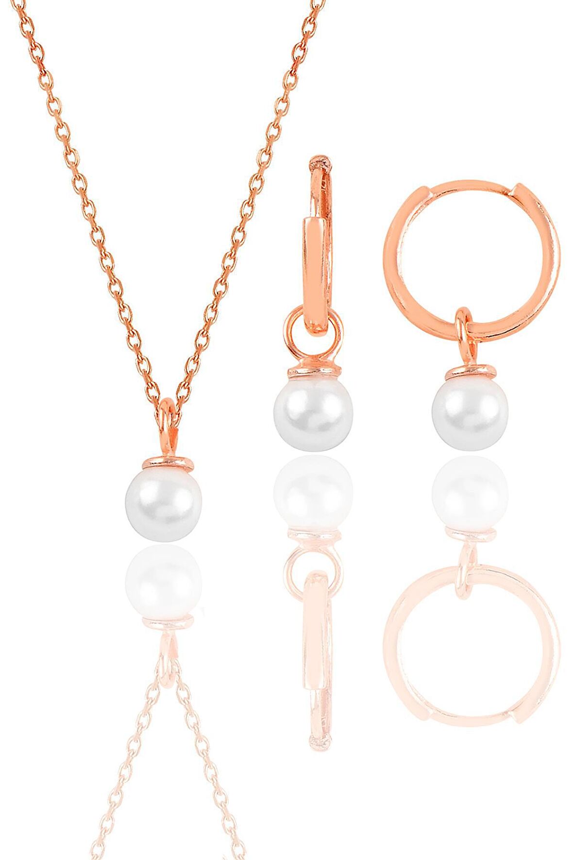 Gümüş rose incili kolye ve halka küpe  ikili set