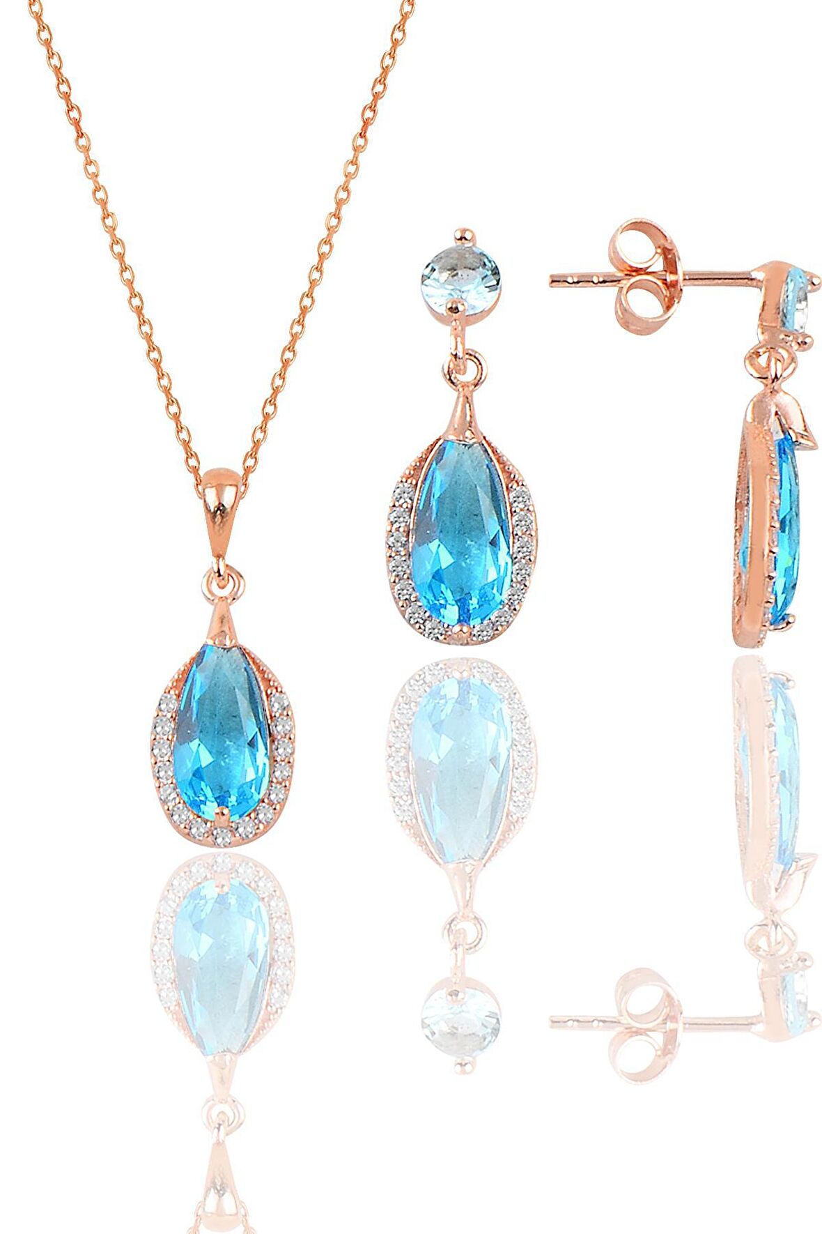 Gümüş rose akuamarin taşlı damla modeli kolye ve küpe ikili set