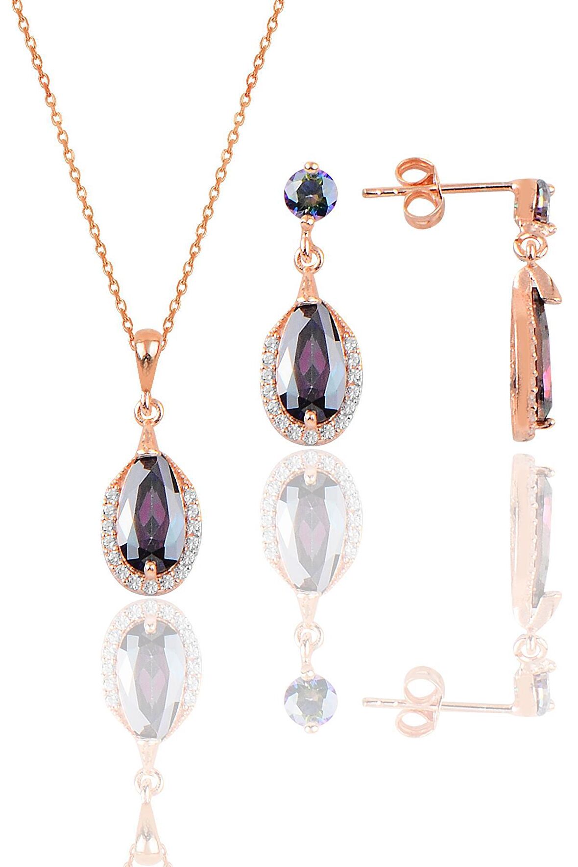 Gümüş rose mistik taşlı damla modeli kolye ve küpe ikili set