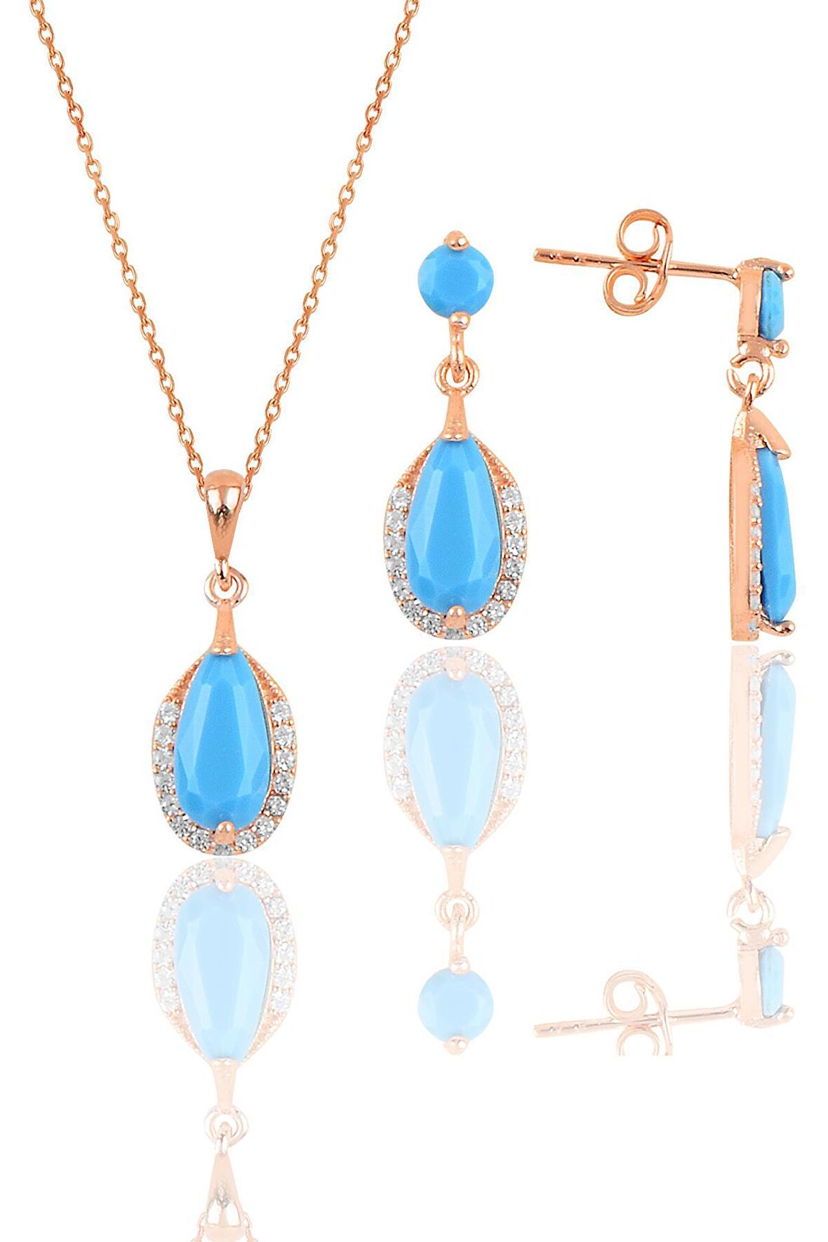 Gümüş rose turkuaz taşlı damla modeli kolye ve küpe ikili set