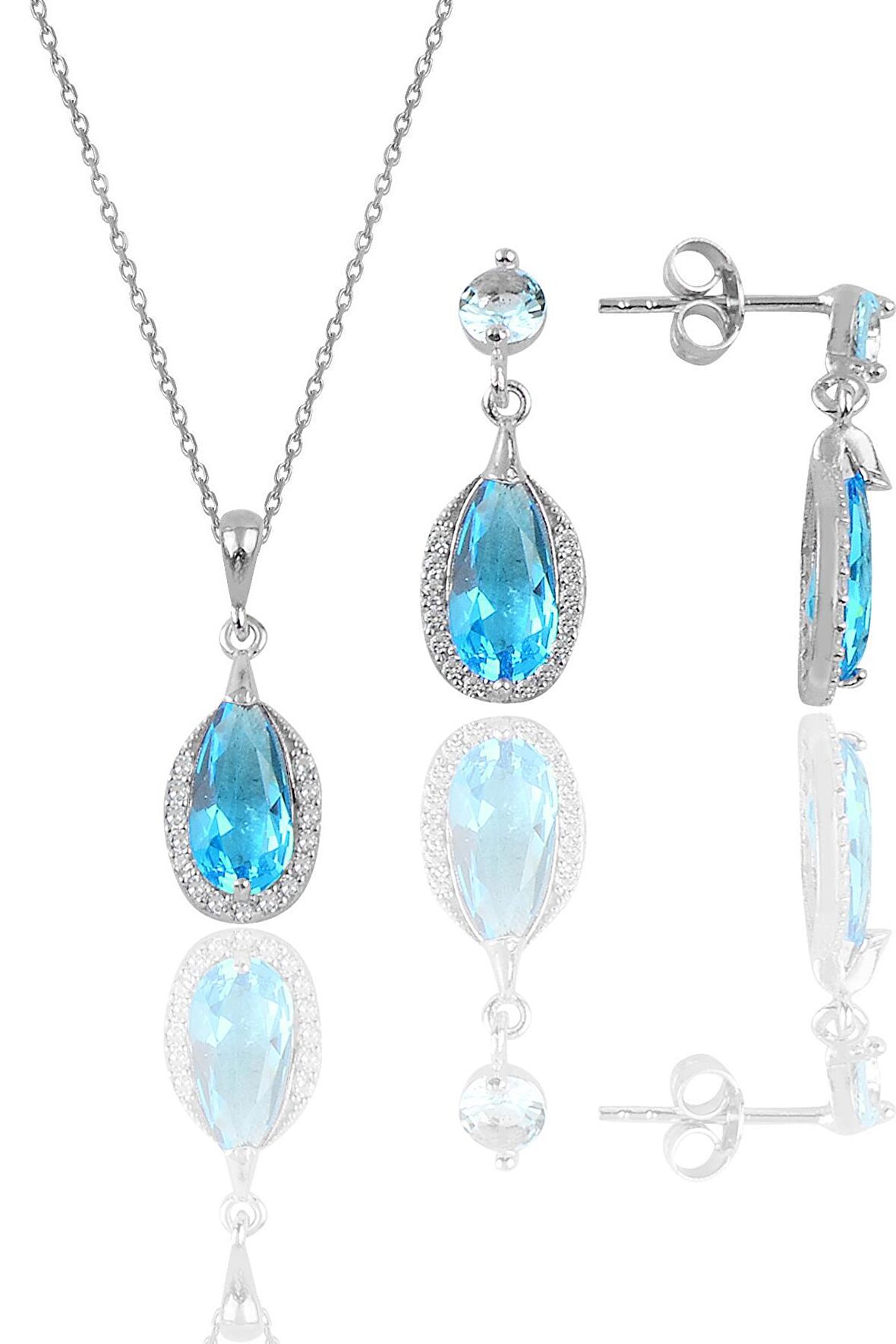 Gümüş rodyumlu akuamarin taşlı damla modeli kolye ve küpe ikili set