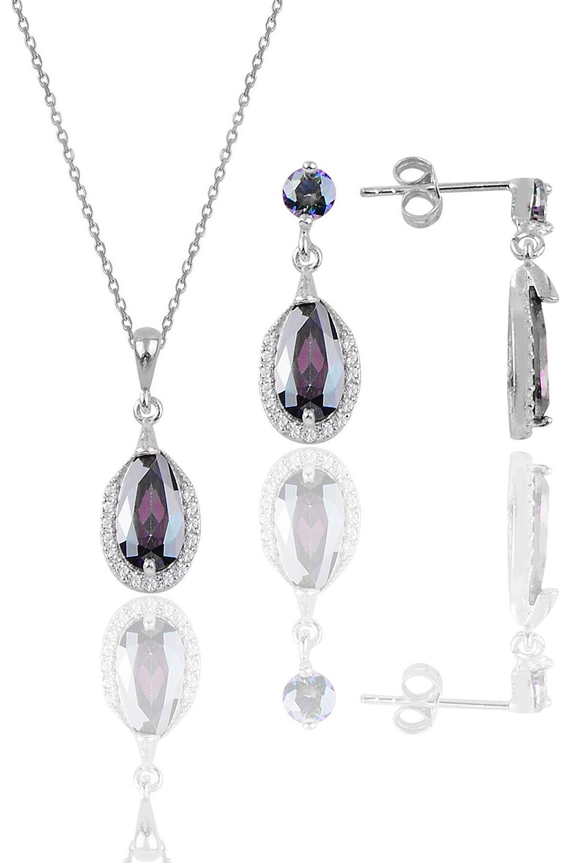 Gümüş rodyumlu mistik taşlı damla modeli kolye ve küpe ikili set