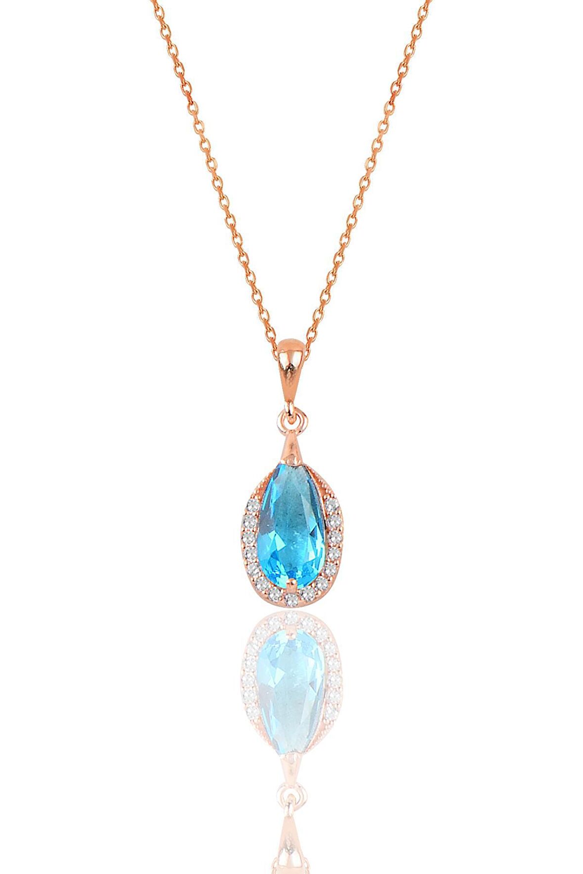 Gümüş rose akuamarin ve zirkon taşlı damla modeli kolye