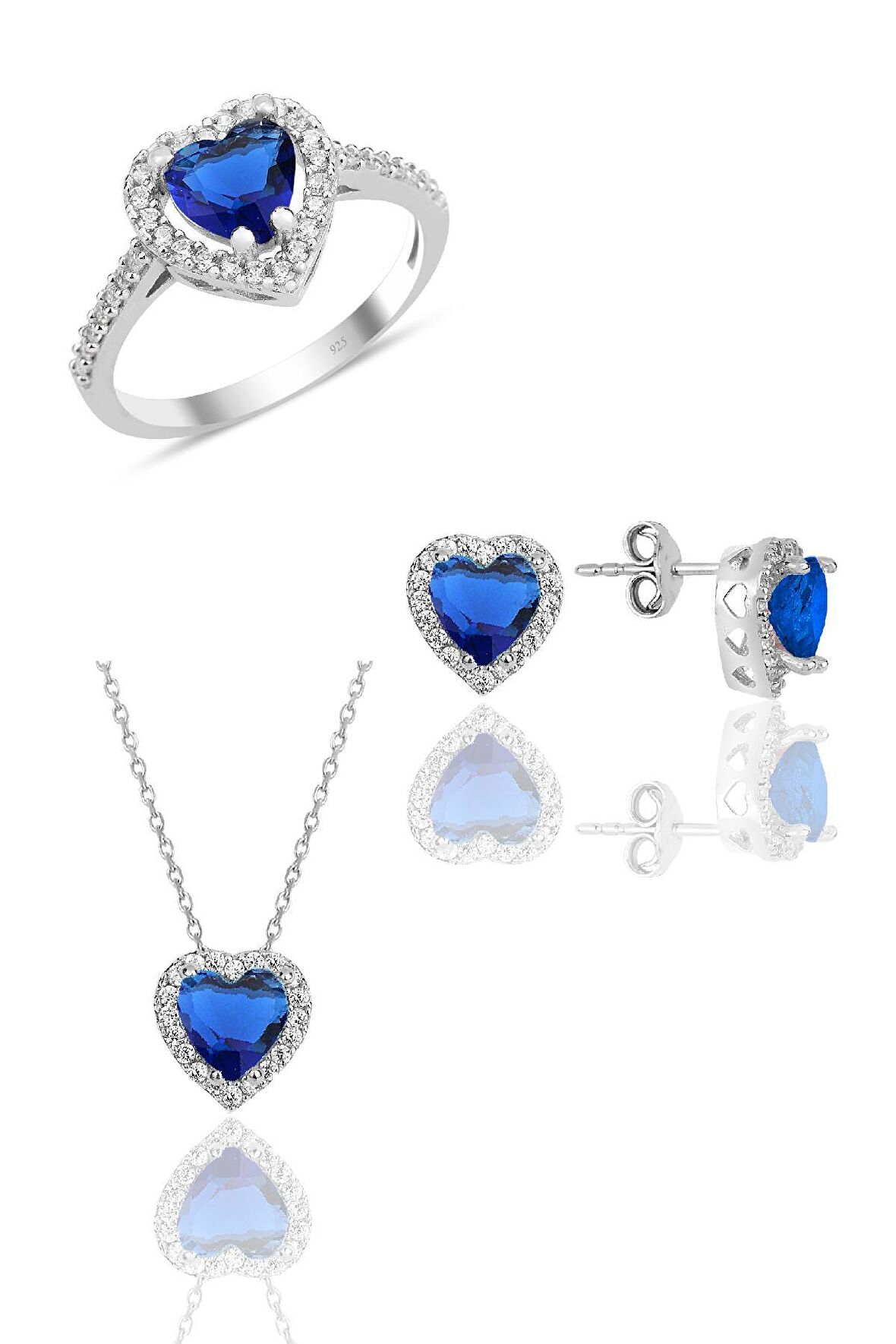 Gümüş rodyumlu safir taşlı pırlanta montürlü kalp modeli üçlü set SGTL12080LACIVERT