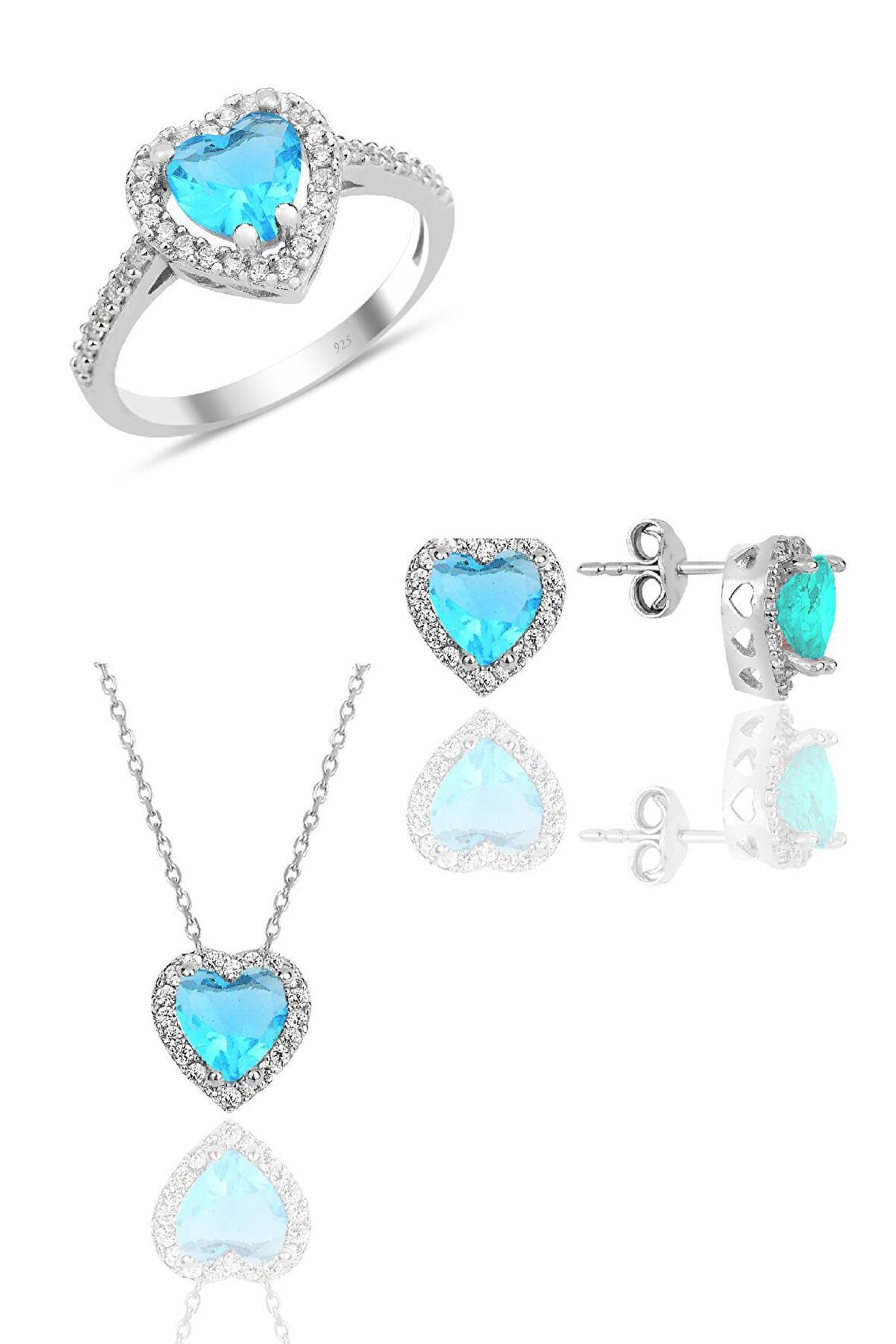 Gümüş rodyumlu mavi taşlı pırlanta montürlü kalp modeli üçlü set SGTL12080MAVI