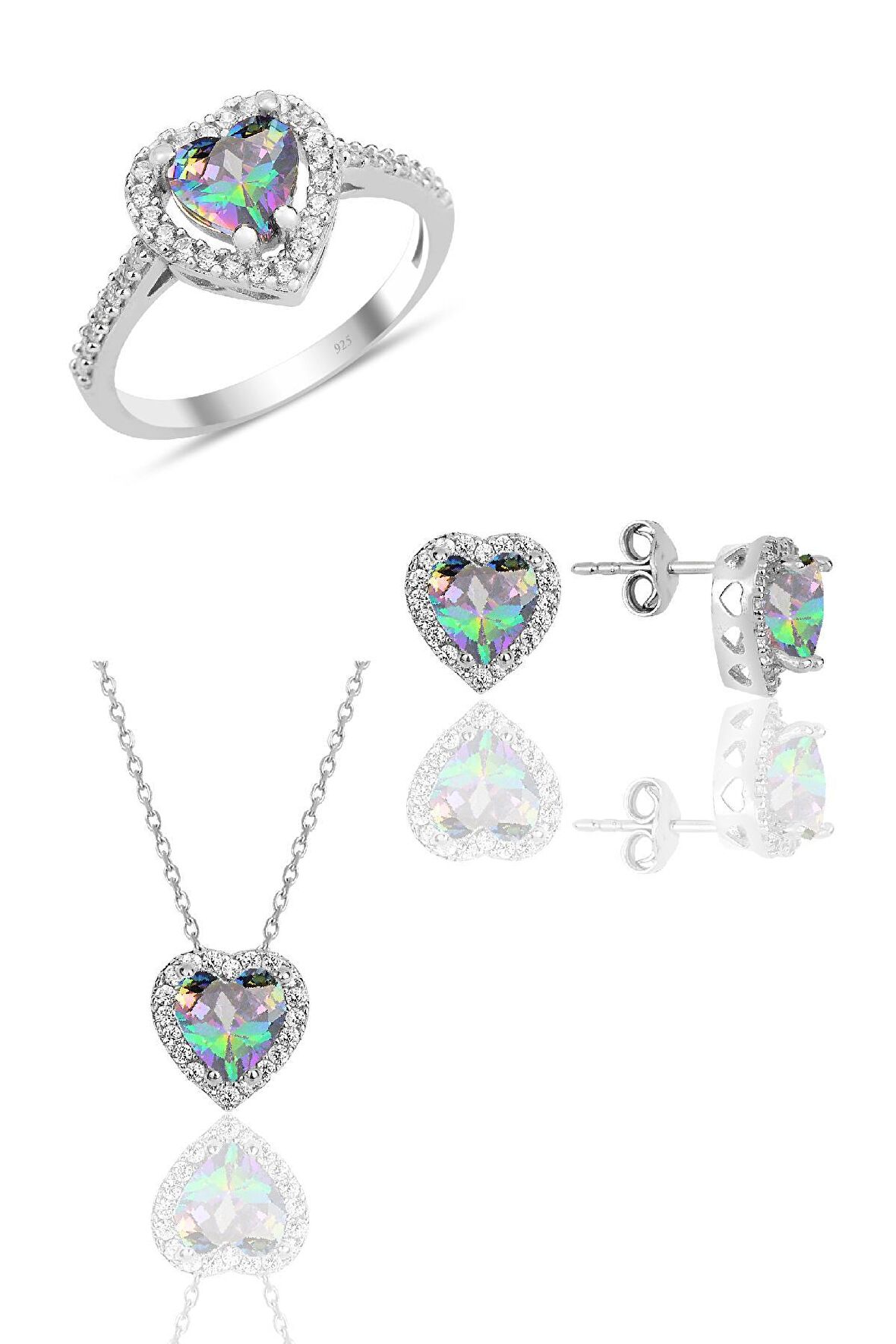 Gümüş rodyumlu mistik taşlı pırlanta montürlü kalp modeli üçlü set SGTL12080MISTIK