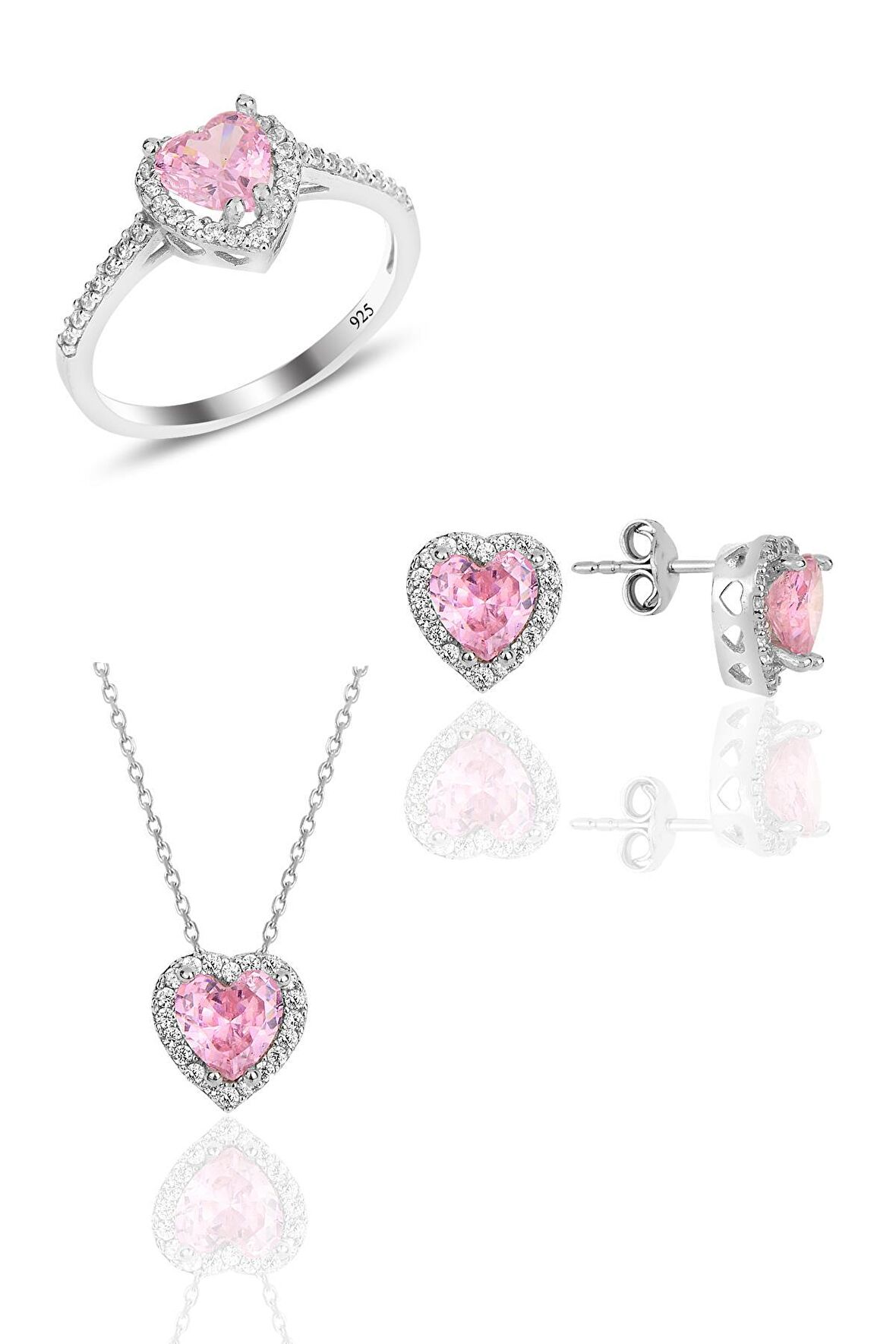 Gümüş rodyumlu pembe taşlı pırlanta montürlü Kalp modeli üçlü set