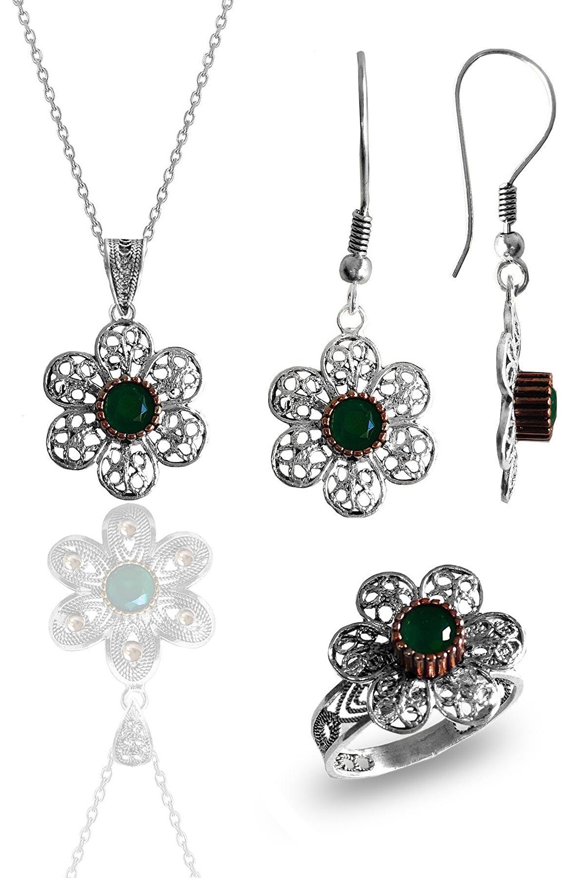 Gümüş kök zümrüt taşlı papatya modeli telkari işlemeli kolye küpe ve yüzük üçlü set