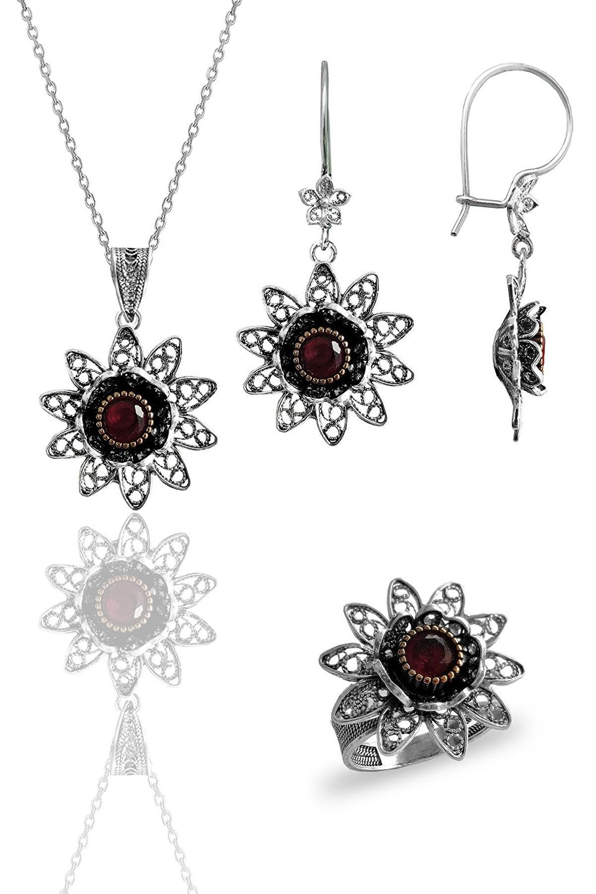 Gümüş kök yakut taşlı nilüfer modeli telkari işlemeli kolye küpe ve yüzük üçlü set
