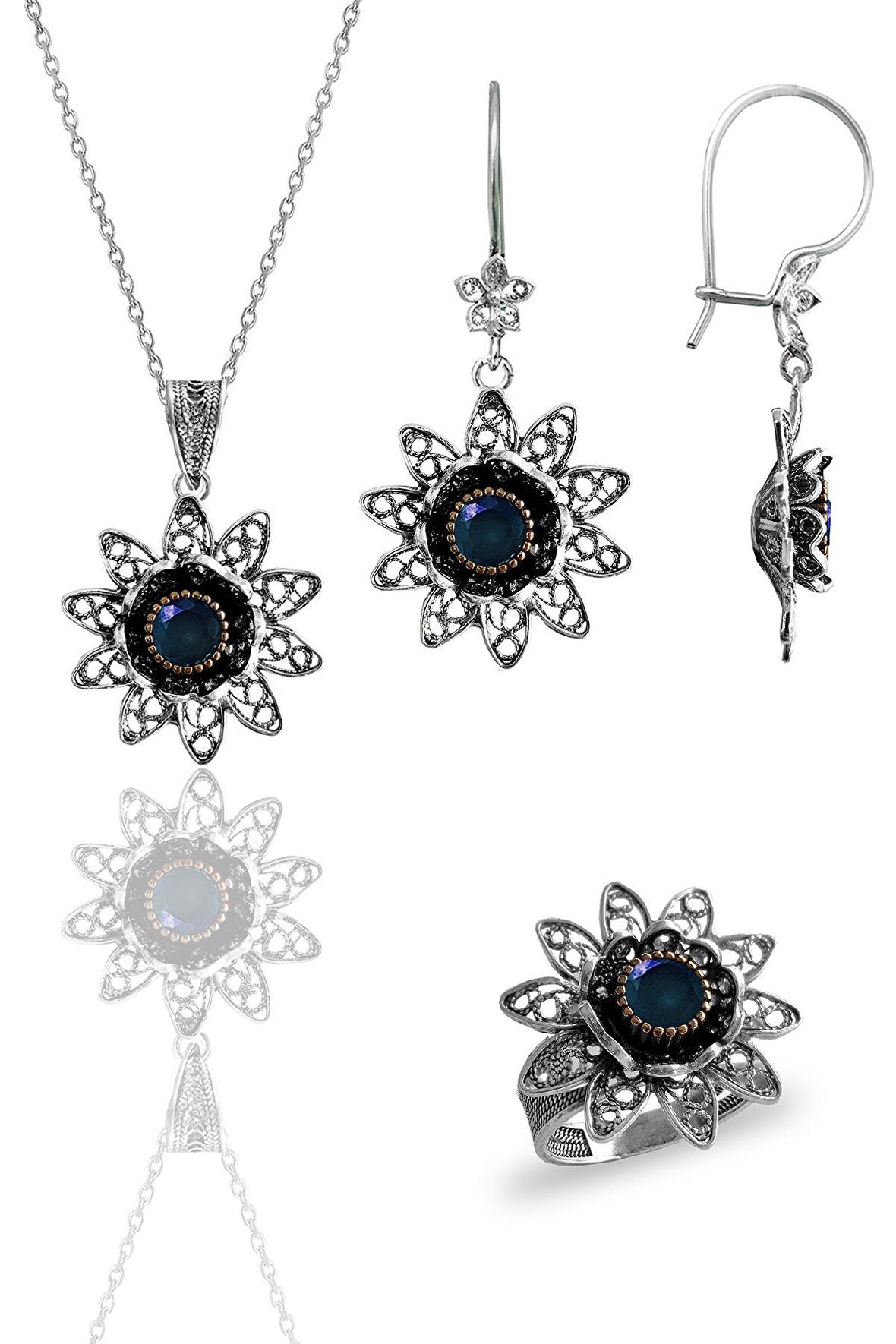 Gümüş safir taşlı nilüfer modeli telkari işlemeli kolye küpe ve yüzük üçlü set