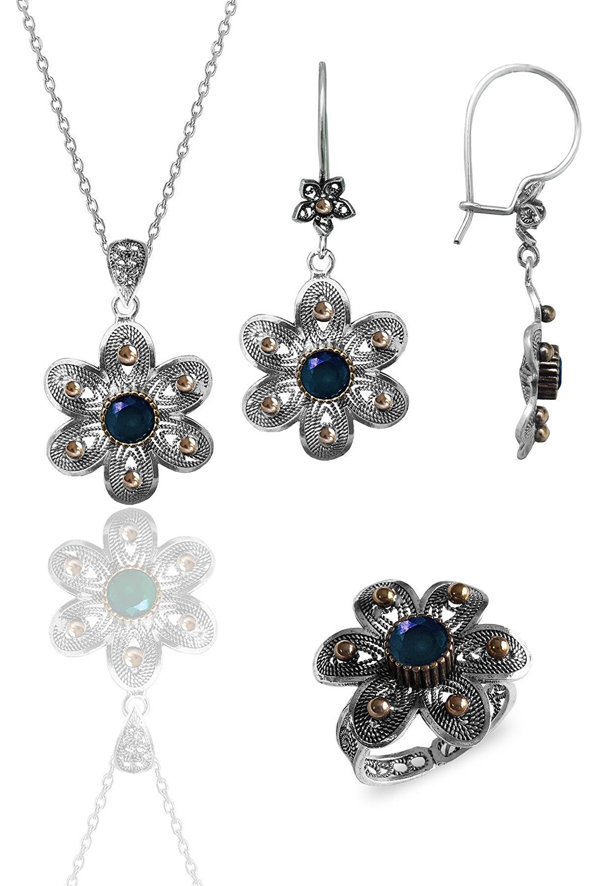 Gümüş safir taşlı papatya modeli telkari işlemeli kolye küpe ve yüzük üçlü set