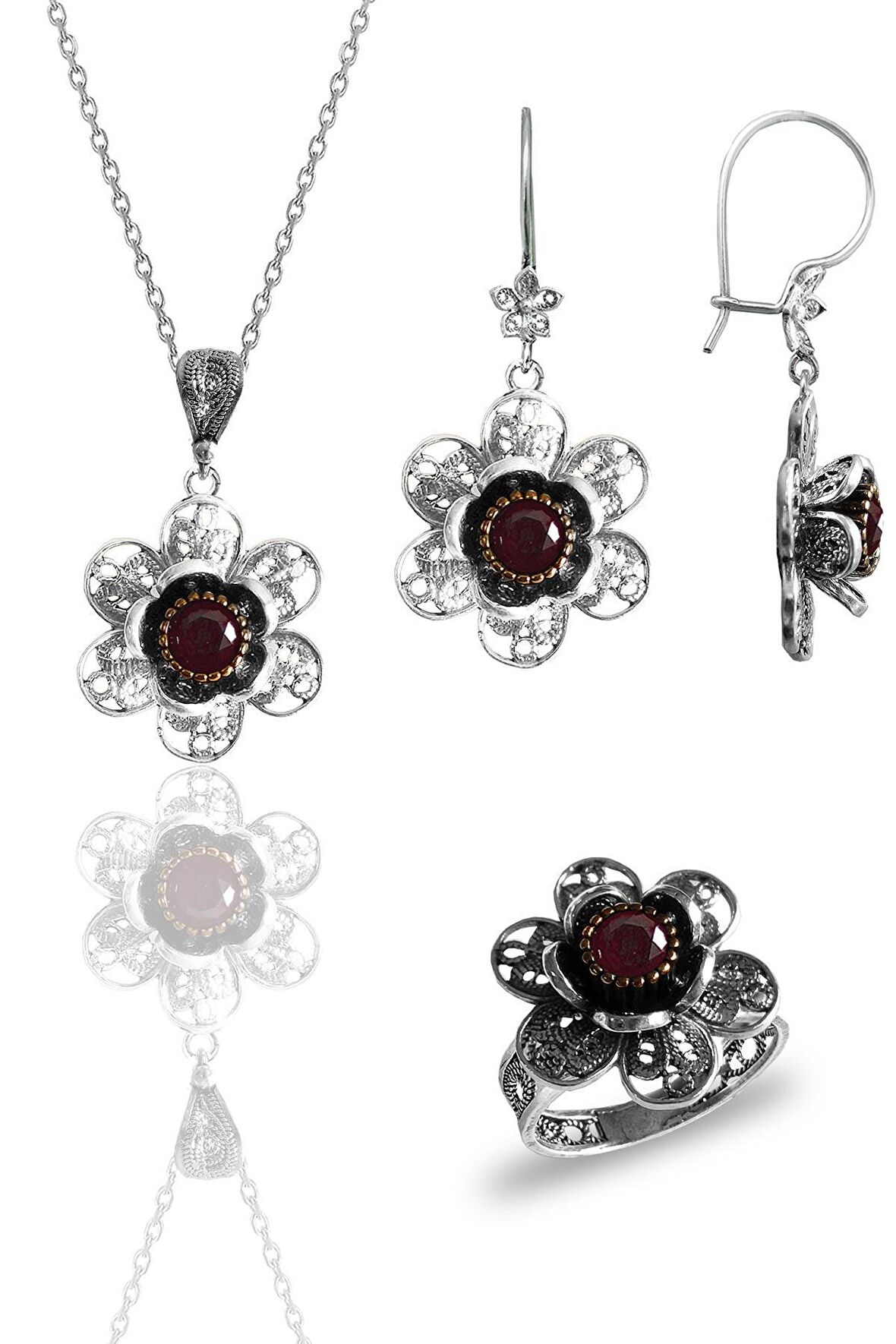 Gümüş kök yakut taşlı gül modeli telkari işlemeli kolye küpe ve yüzük üçlü set
