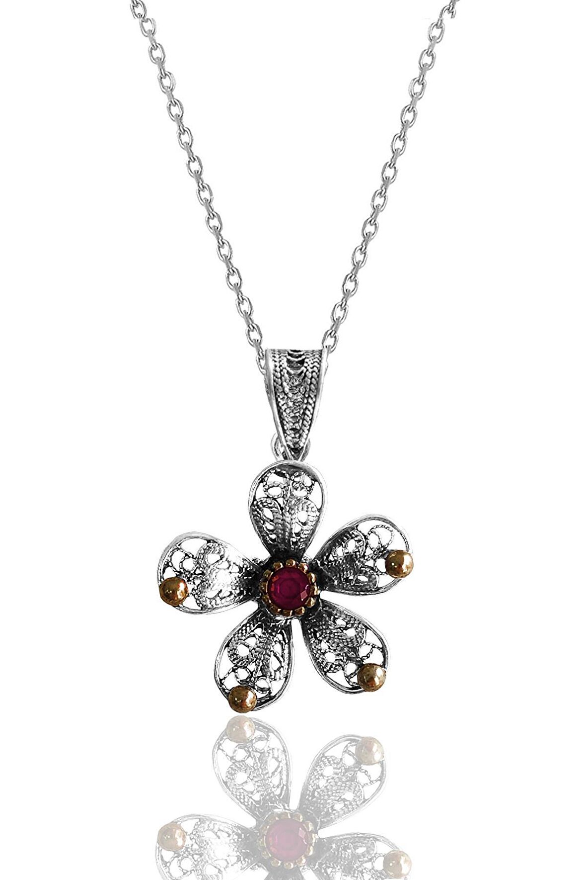 Gümüş kök yakut taşlı telkari işlemeli çiçek kolye 