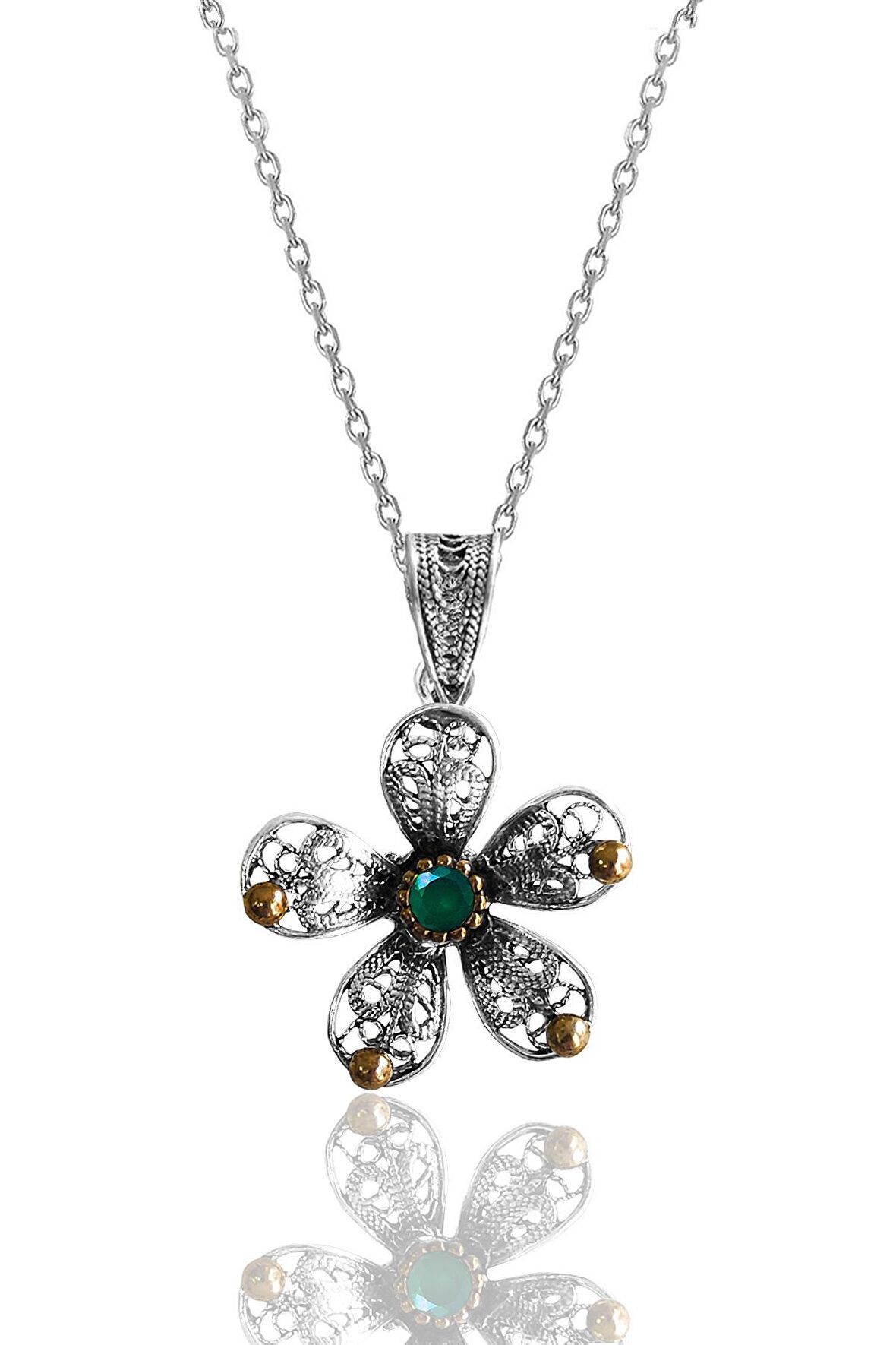 Gümüş kök zümrüt taşlı telkari işlemeli çiçek kolye 