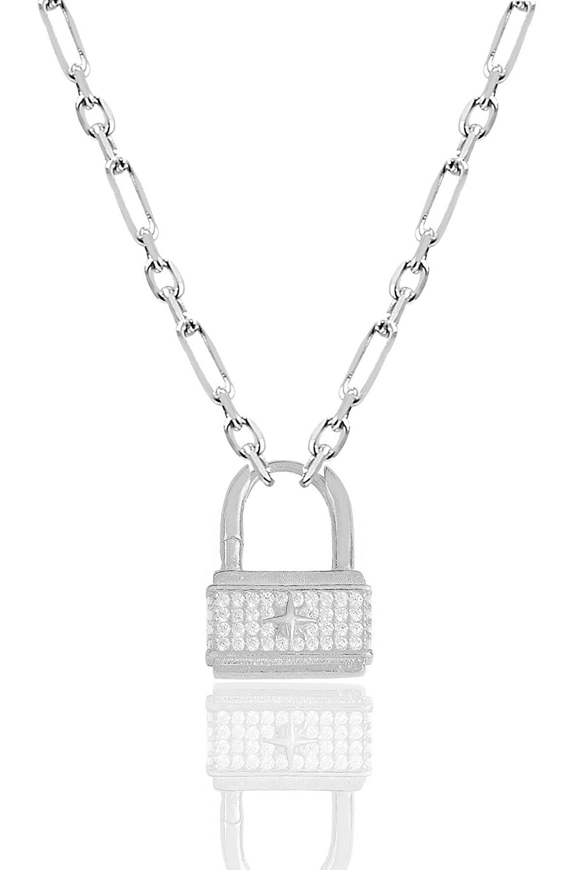 Gümüş rodyumlu zirkon taşlı figaro zincirli kilit kolye