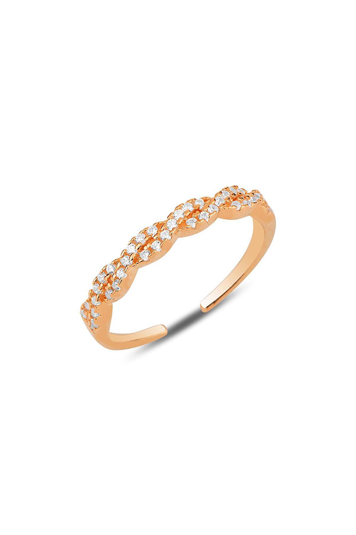 Gümüş rose zirkon taşlı örgü modeli ayarlamalı yüzük