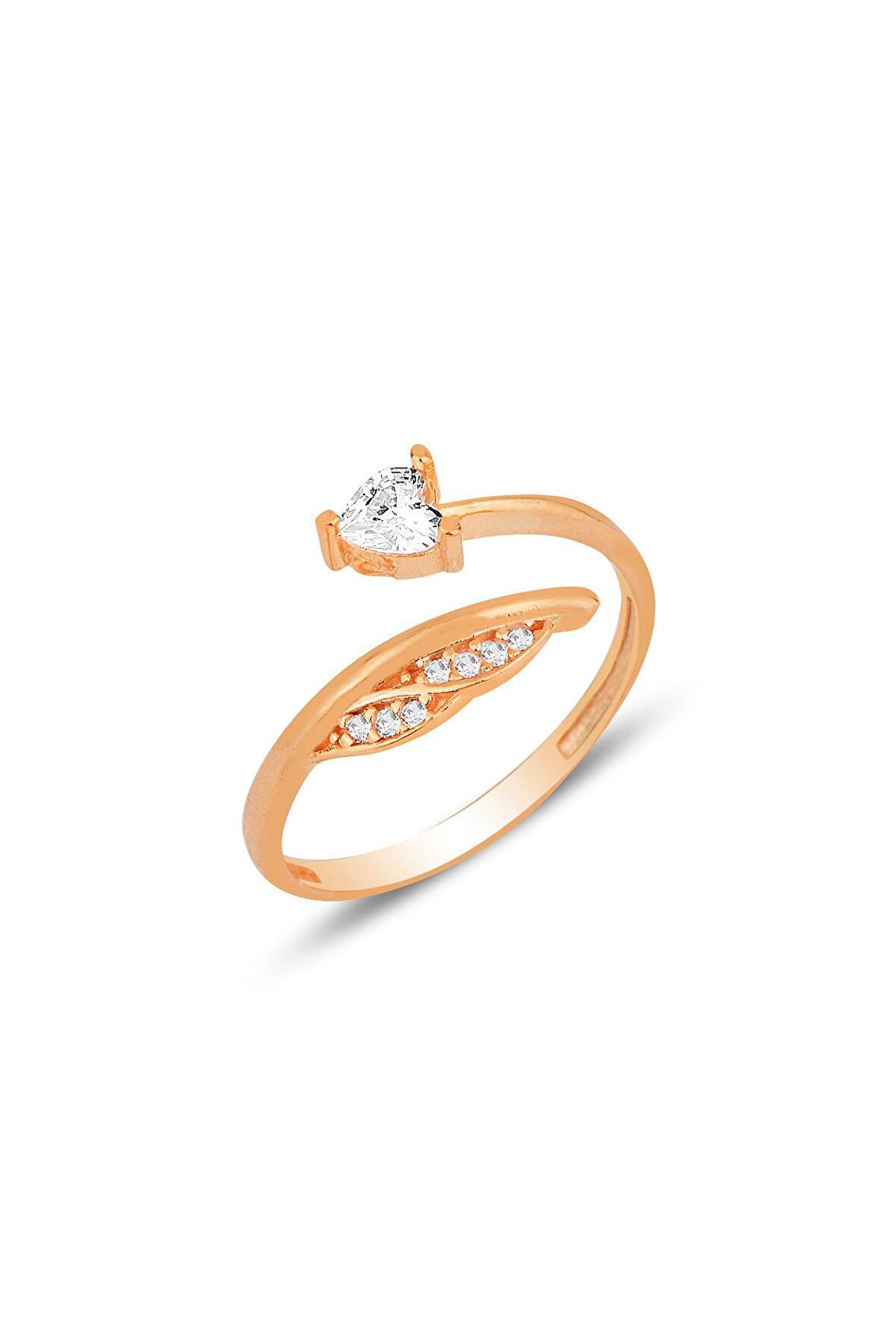 Gümüş rose zirkon taşlı kalp ve yaprak modeli ayarlamalı yüzük
