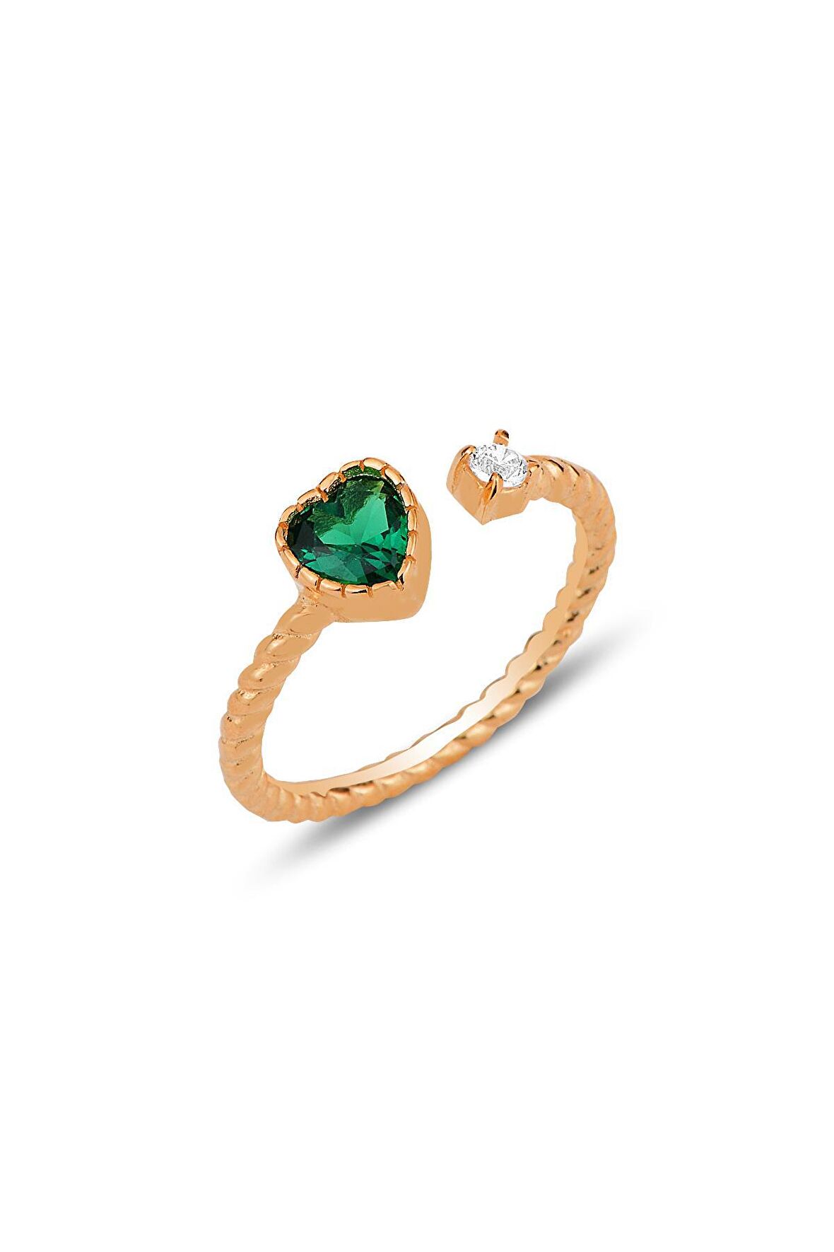 Gümüş rose yeşil taşlı kalp modeli ayarlamalı yüzük