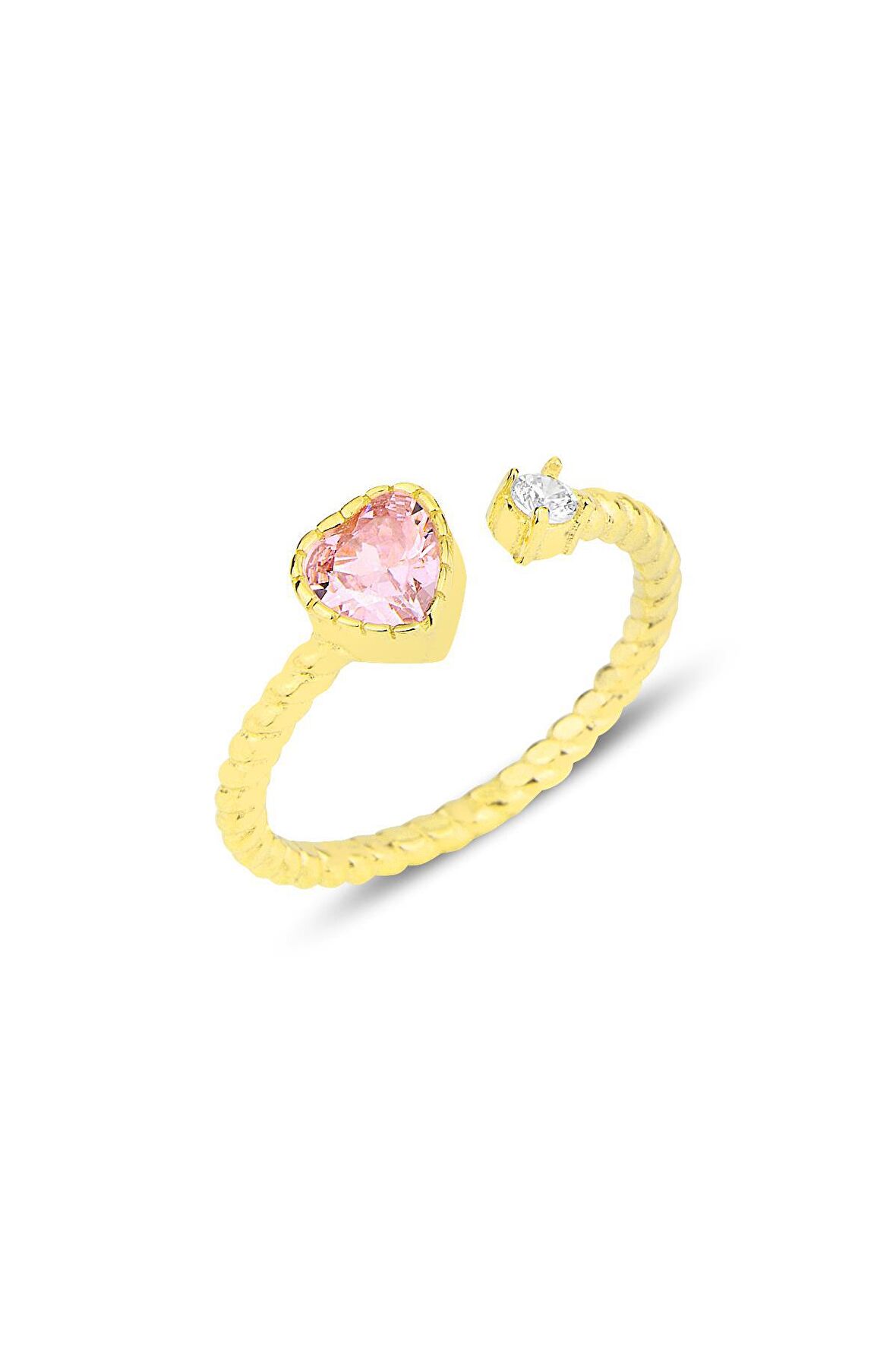 Gümüş altın yaldızlı pembe taşlı kalp modeli ayarlamalı yüzük