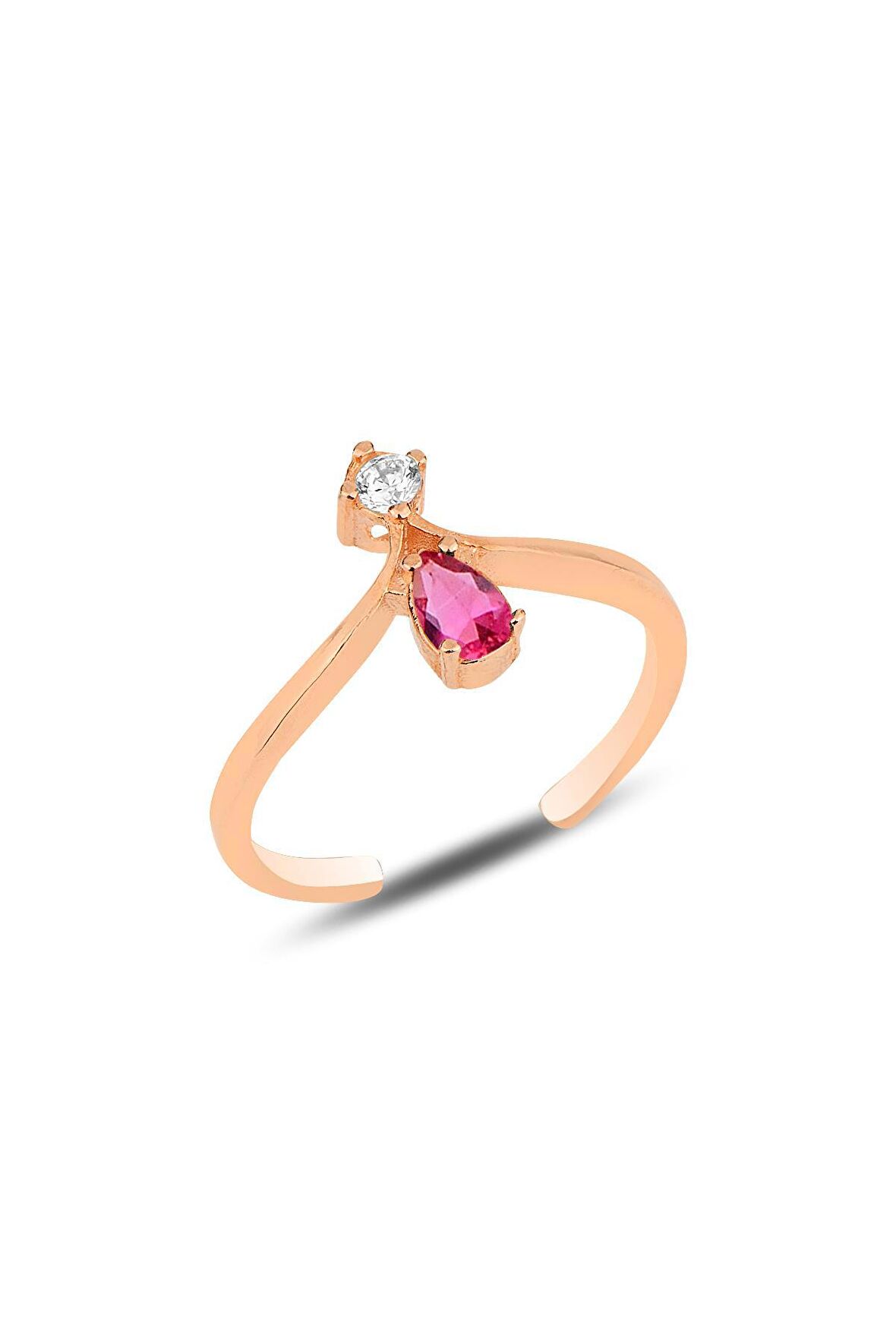 Gümüş rose fuşya taşlı taç modeli ayarlamalı damla yüzük