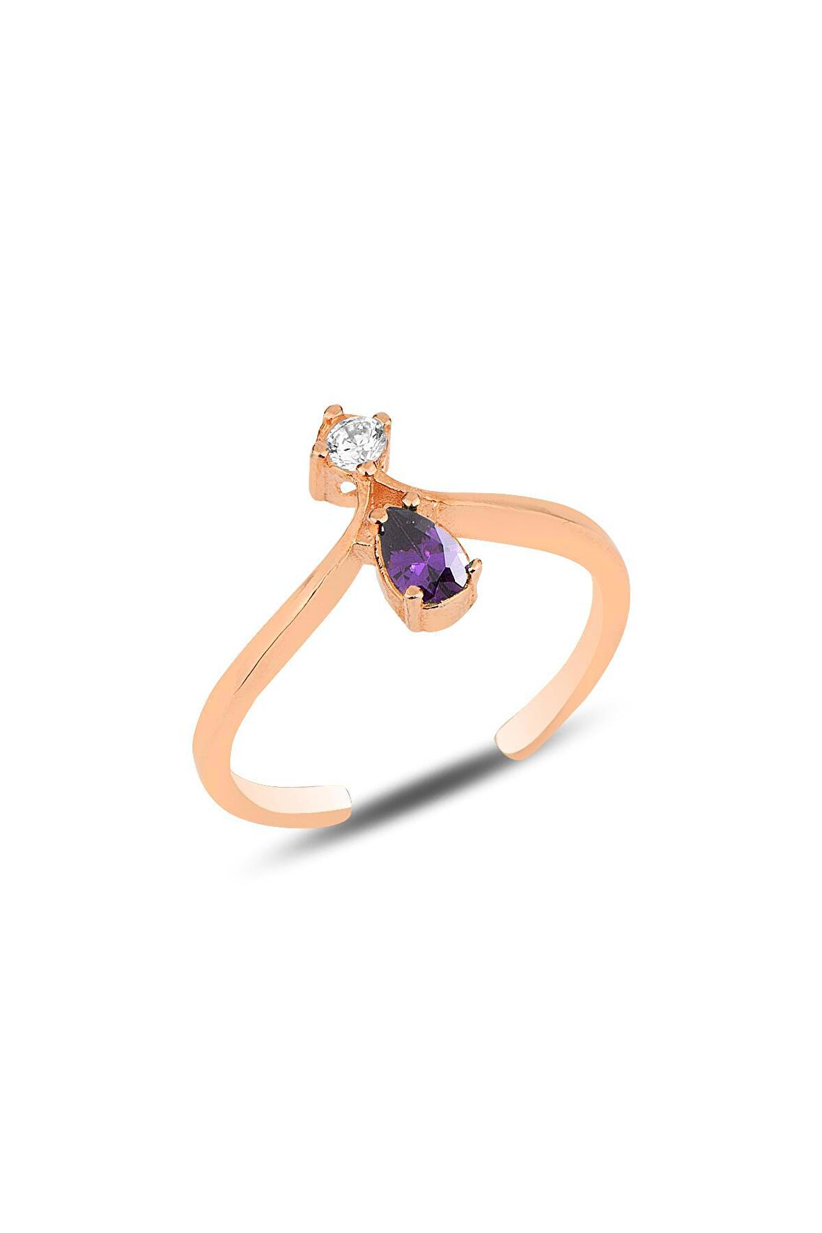 Gümüş rose mor taşlı taç modeli ayarlamalı damla yüzük