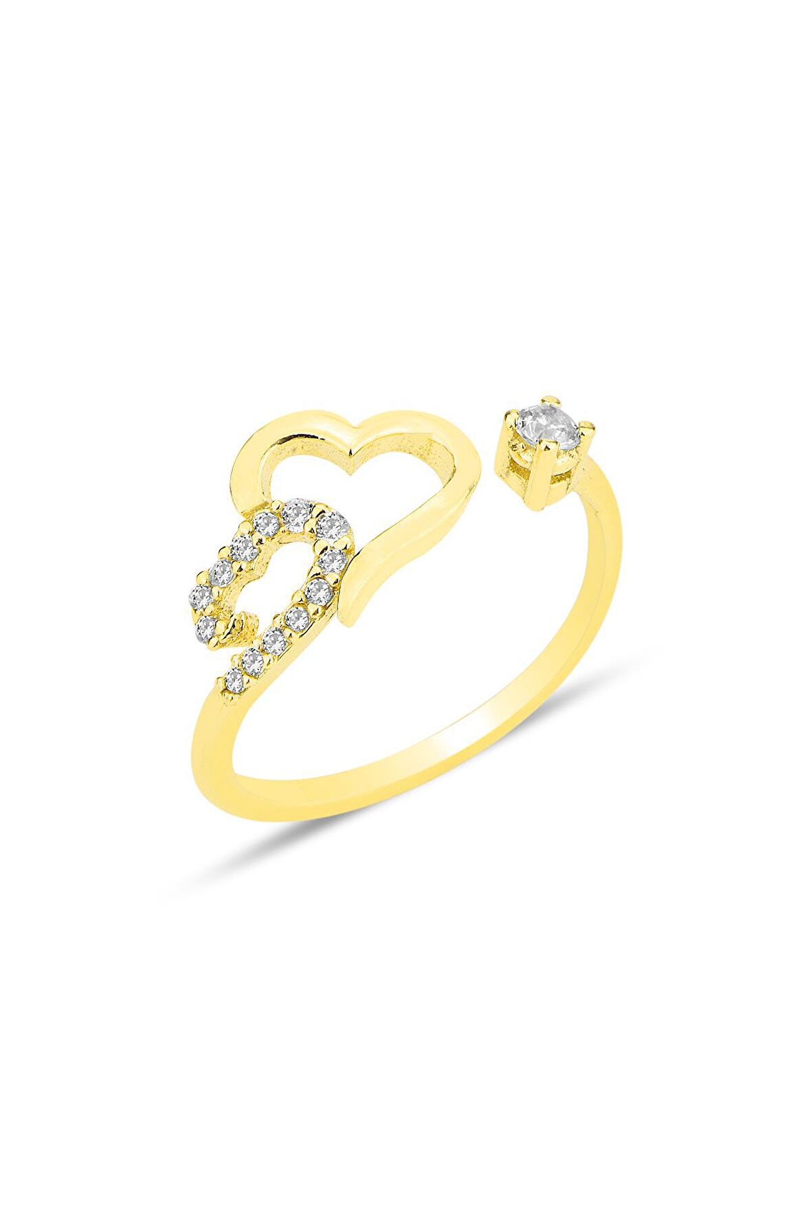 Gümüş altın yaldızlı zirkon taşlı üstten ayarlanabilir çift kalpler yüzük SGTL12243GOLD