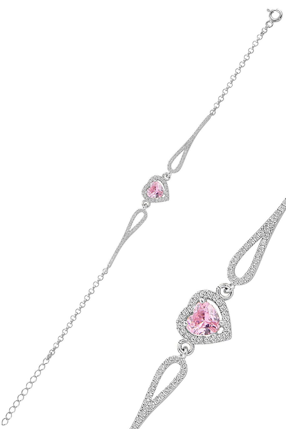 Gümüş rodyumlu pembe zirkon taşlı pırlanta modeli kalp bileklik SGTL12272PEMBE