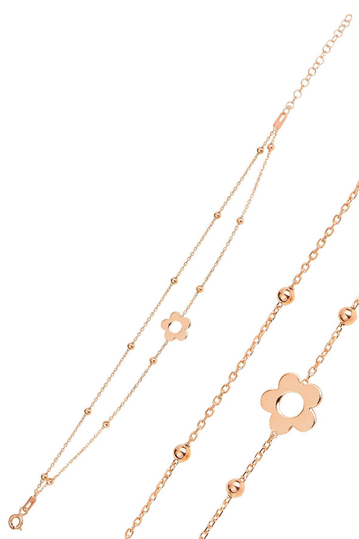 Gümüş rose top top çift zincirli çiçek bileklik SGTL12278ROSE