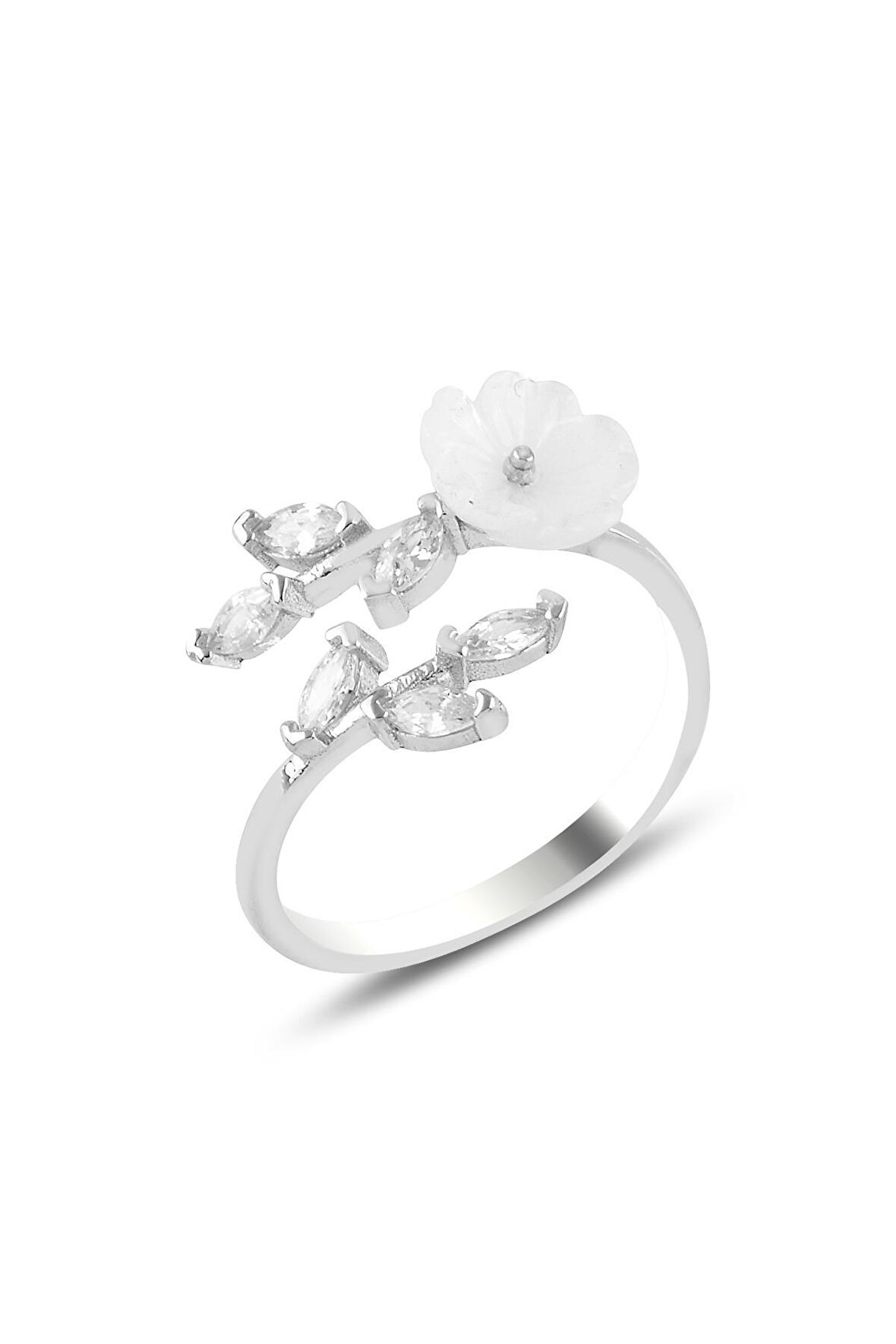 Gümüş rodyumlu zirkon ve sedef taşlı yapraklı Prunus dulcis (badem çiçeği) yüzük SGTL12292RODAJ