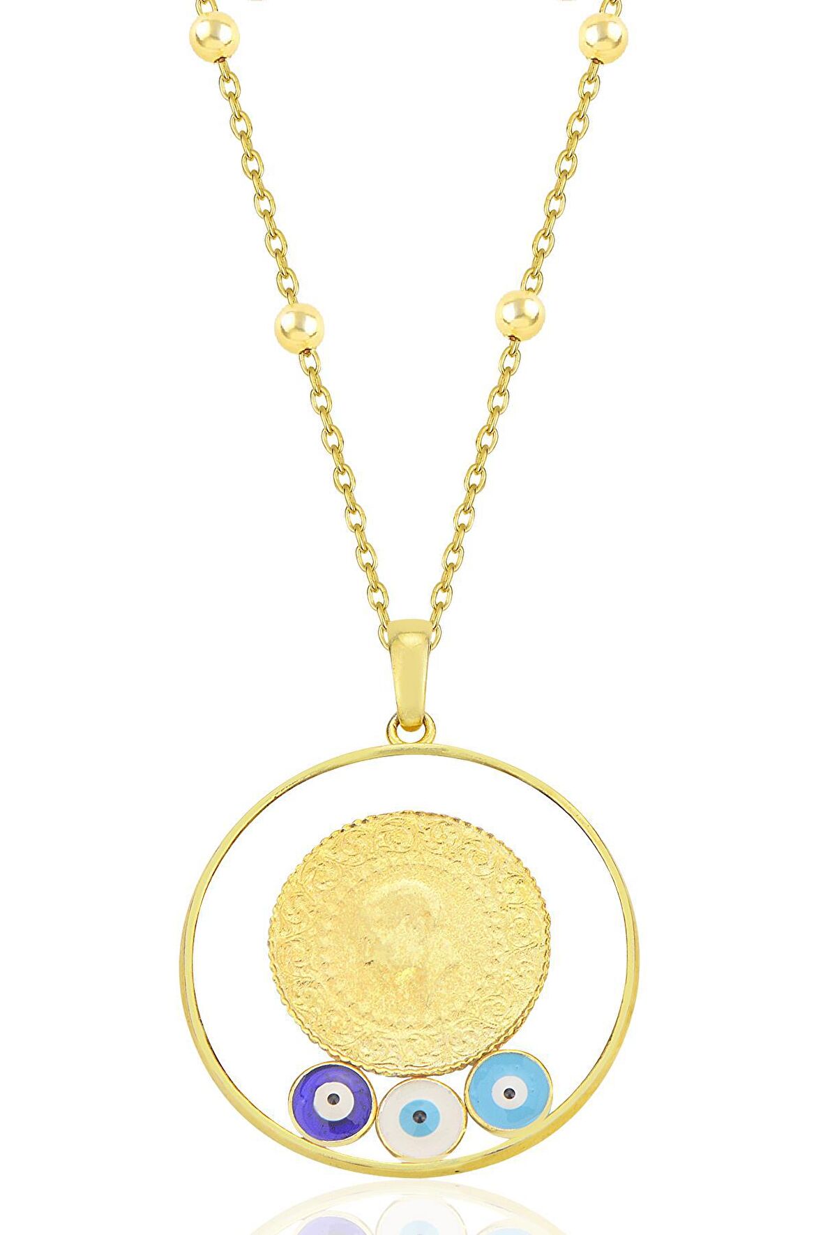 Gümüş altın yaldızlı top top zincirli nazarlı,çerçeveli, çeyrekli kolye SGTL12295GOLD