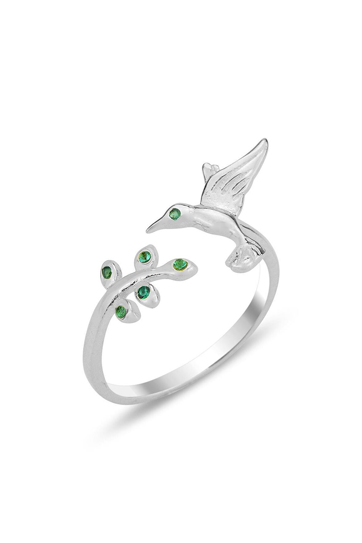 Gümüş rodyumlu yeşil taşlı üstten ayarlanabilir kırlangıç yüzük SGTL12305RODAJ