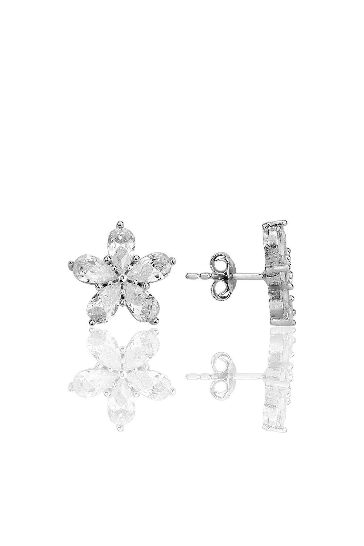 Gümüş rodyumlu damla kesim zirkon taşlı çiçek küpe SGTL12341RODAJ