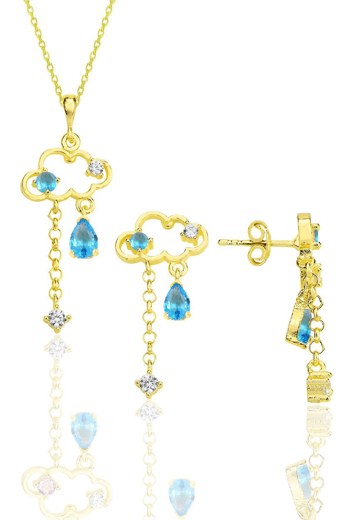 Gümüş altın yaldızlı akuamarin ve zirkon taşlı bulut kolye ve küpe ikili set SGTL12352GOLD
