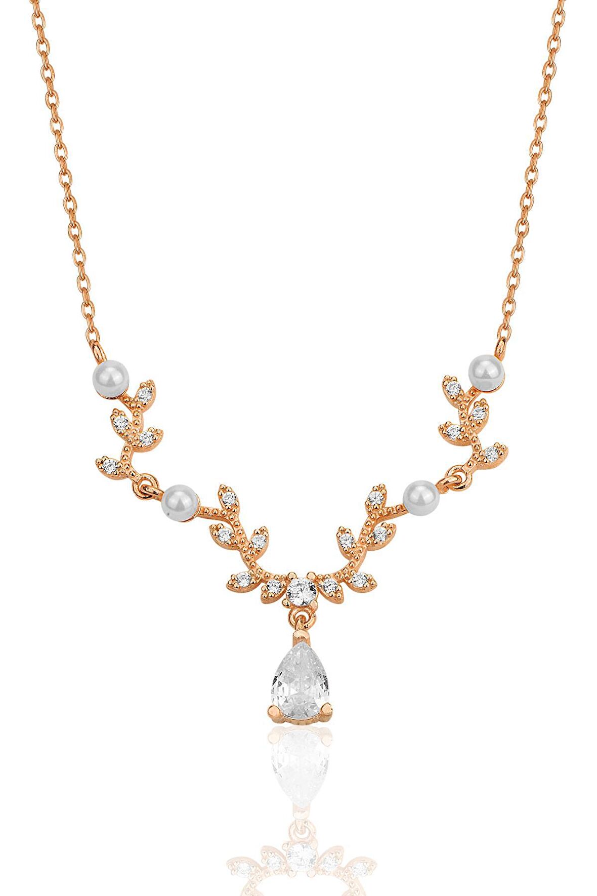 Gümüş rose inci ve zirkon taşlı yaprak firgürlü prenses kolye SGTL12355ROSE