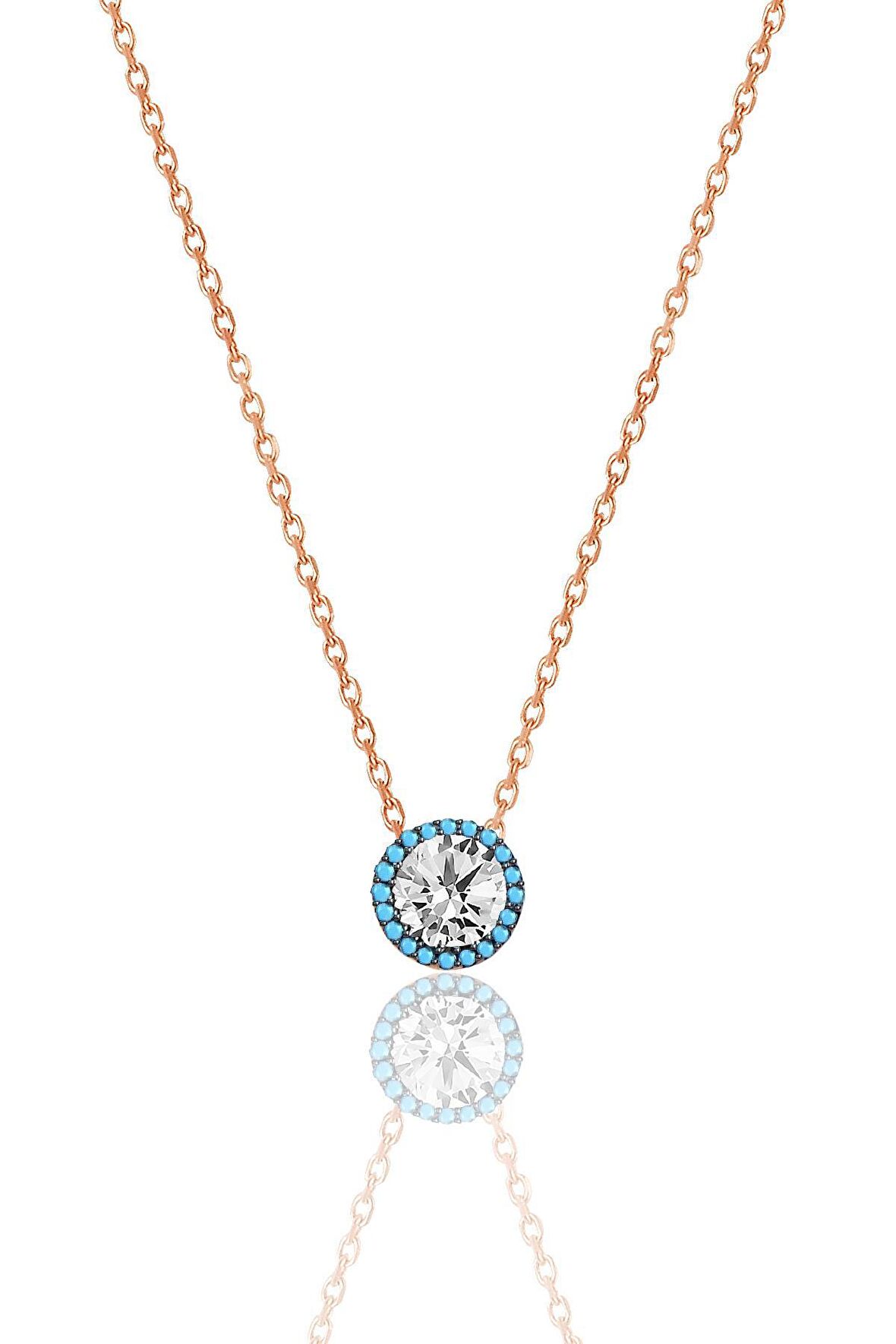 Gümüş rose nano turkuaz ve zirkon taşlı pırlanta montür kolye SGTL12382ROSE