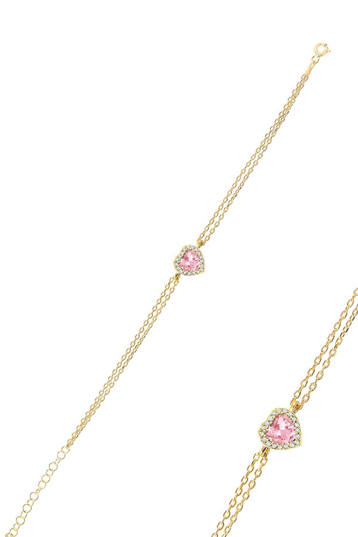 Gümüş Altın Yaldızlı Pırlanta Modeli Pembe Zirkon Taşlı Kalp Bileklik SGTL12396GOLD