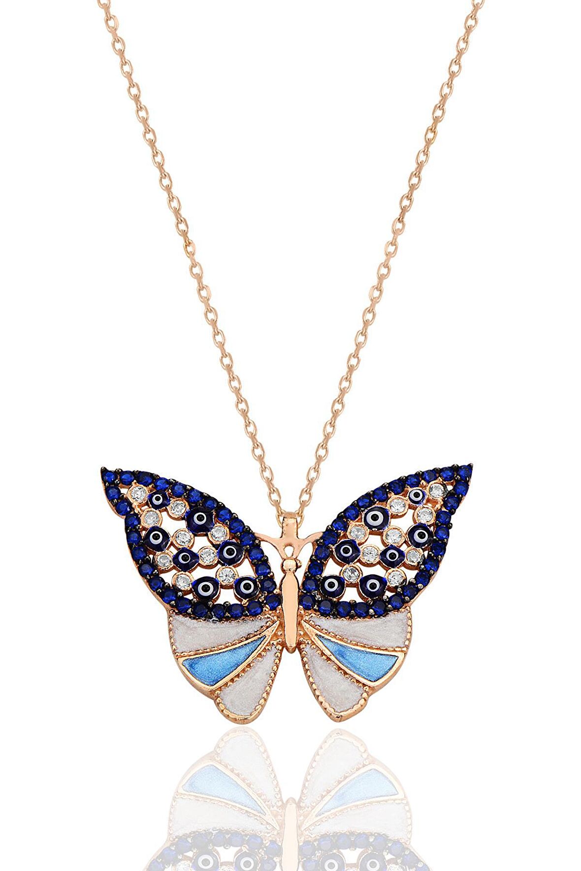 Gümüş rose zirkon ve safir taşlı nazar mineli kelebek kolye SGTL12423ROSE